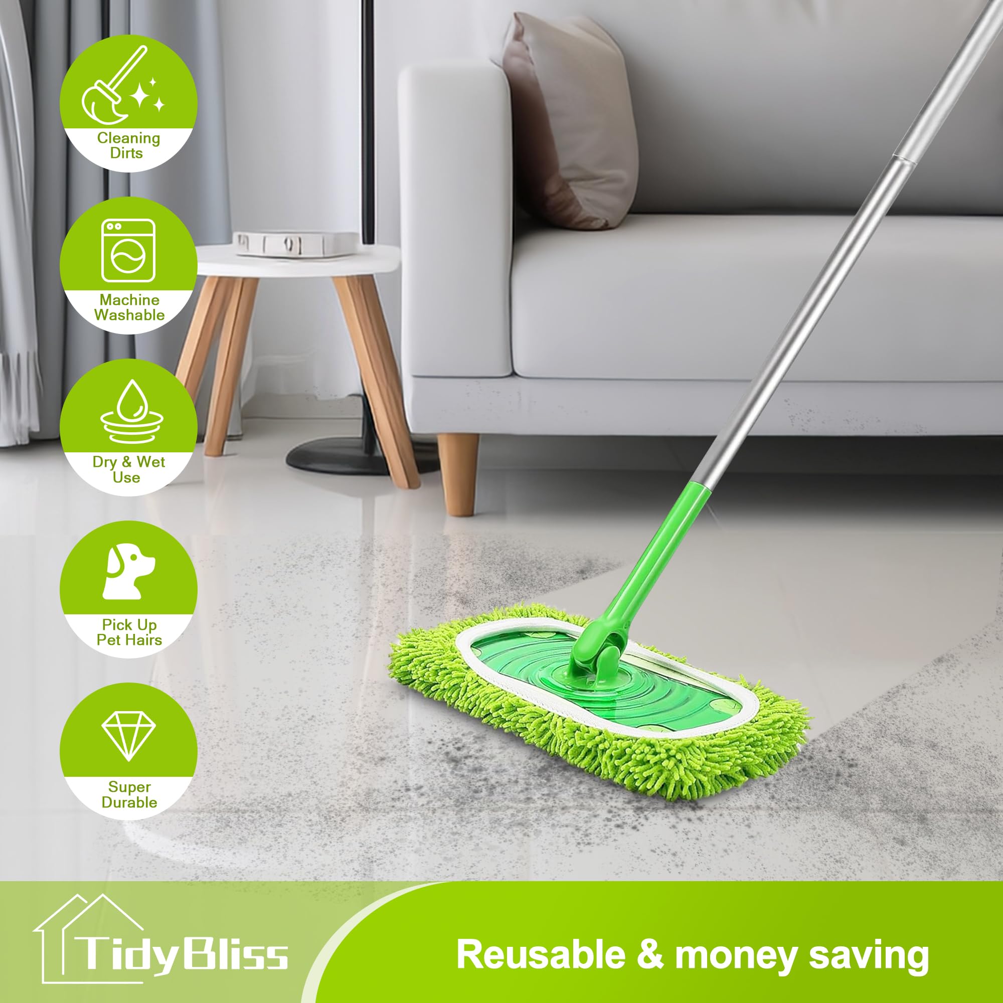TidyBliss Reusable Microfiber Mop Pads 4 Pack Dry Sweeping Cloths & Wet Mopping Cloths Compatible with Swiiffer Sweeper