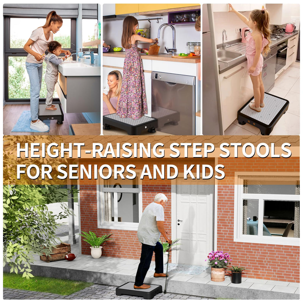 Ronlap One Step Stools for Adults, Portable Safety Step Platform for Seniors Small Plastic Bedside Mobility Wide Stepstools Elderly Assistance, Black-Gray