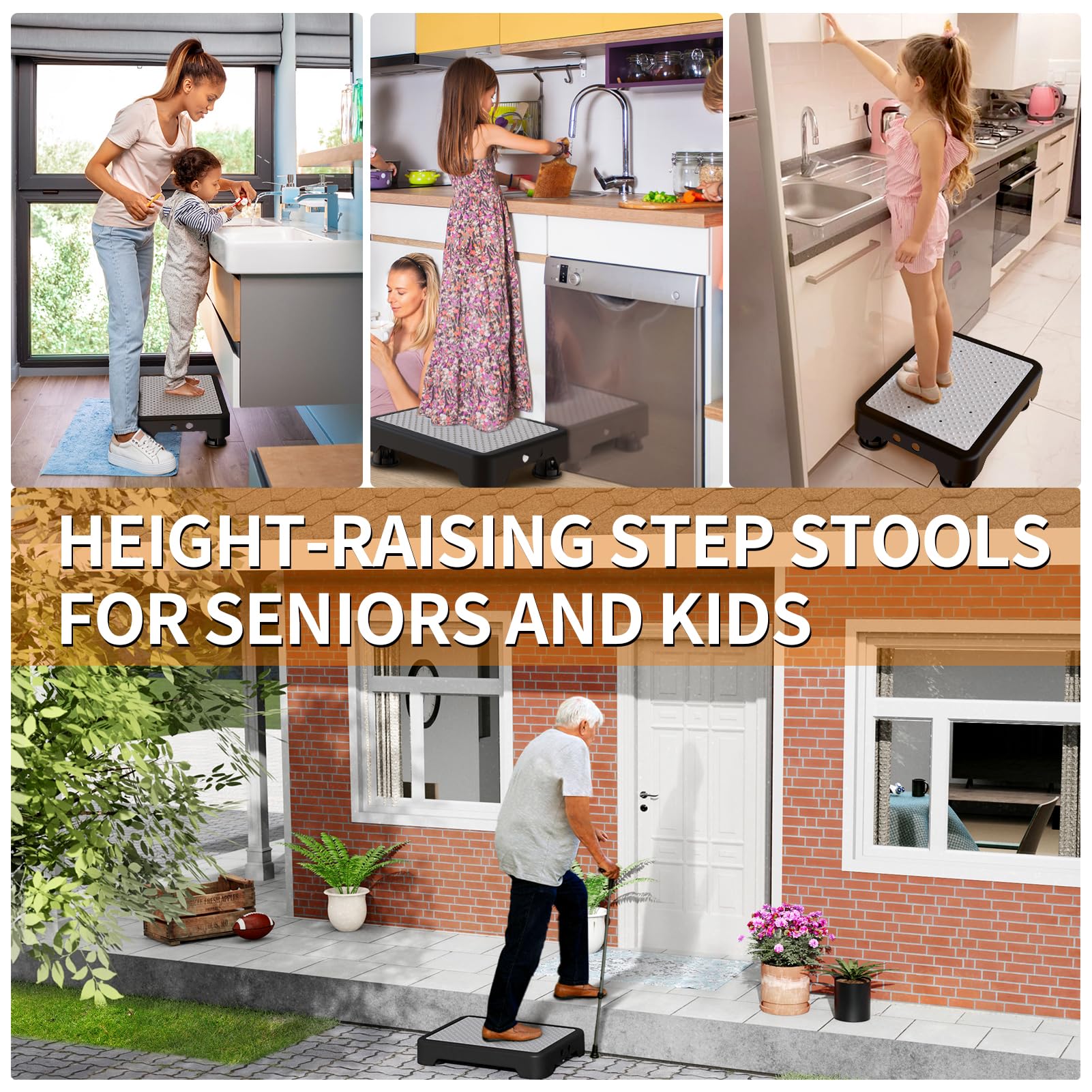 Ronlap One Step Stools for Adults, Portable Safety Step Platform for Seniors Small Plastic Bedside Mobility Wide Stepstools Elderly Assistance, Black-Gray