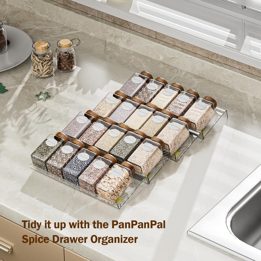PanPanPal Spice Drawer Organizer, 4 Pack Clear Seasoning Organizer Rack, Kitchen Spice Rack Organizers for Drawer/Countertop (Jars Not Included, Expandable From 11" to 22" Wide)