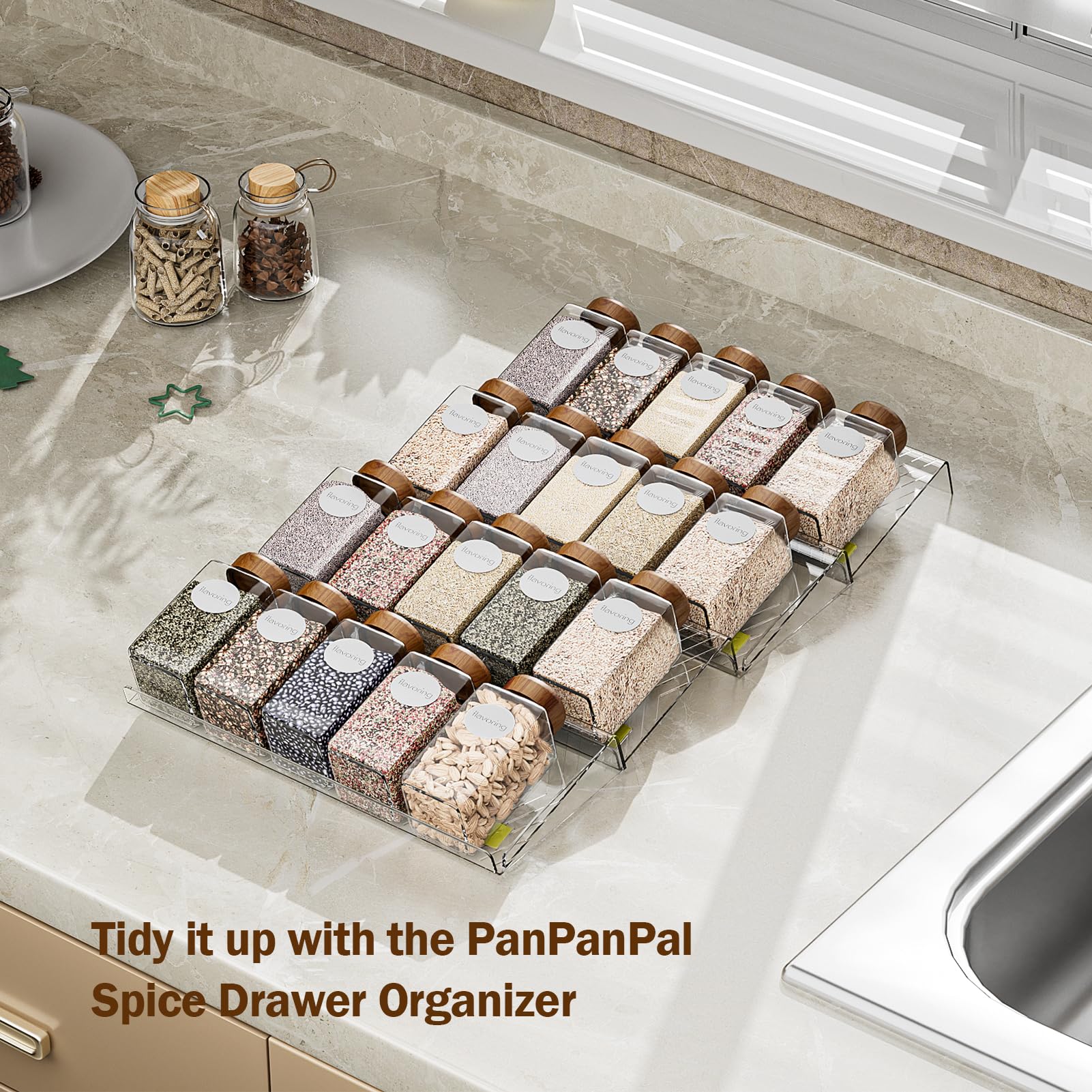 PanPanPal Spice Drawer Organizer, 4 Pack Clear Seasoning Organizer Rack, Kitchen Spice Rack Organizers for Drawer/Countertop (Jars Not Included, Expandable From 11" to 22" Wide)