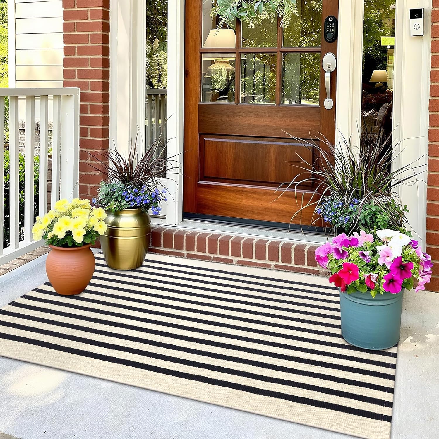 Colorxy Black and White Front Door Mat Outdoor 2x4.2 Cotton Handwoven Layered Welcome Mat Washable Stripe Outdoor Mats for Entrance Porch Front Door Decor