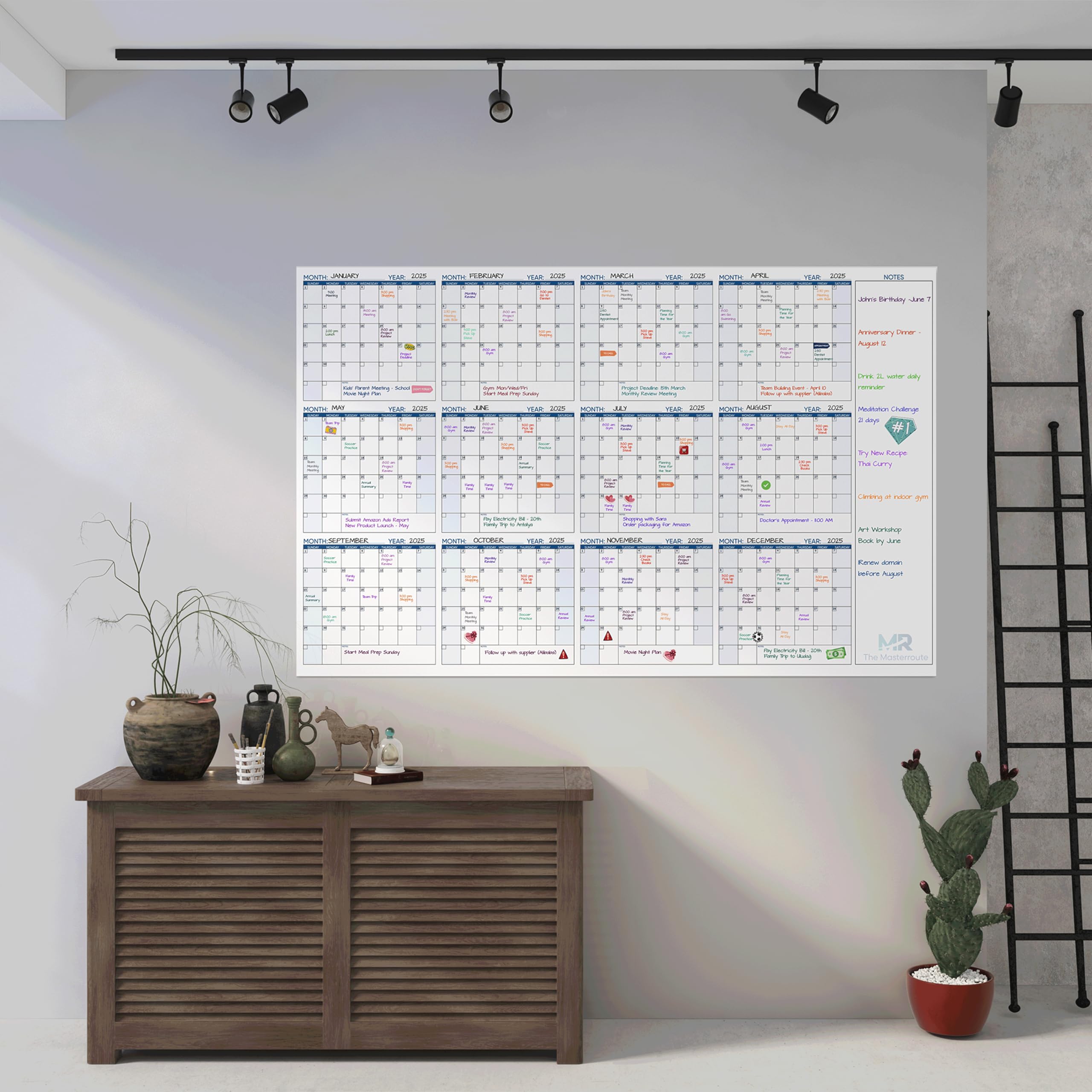 THE MASTERROUTE Large Dry Erase Wall Calendar – 147x94cm Reusable 12-Month Undated Wall Planner 2026 – Horizontal Layout with 2 Markers, 83 Stickers & Mounting Tapes for Home, Office or School