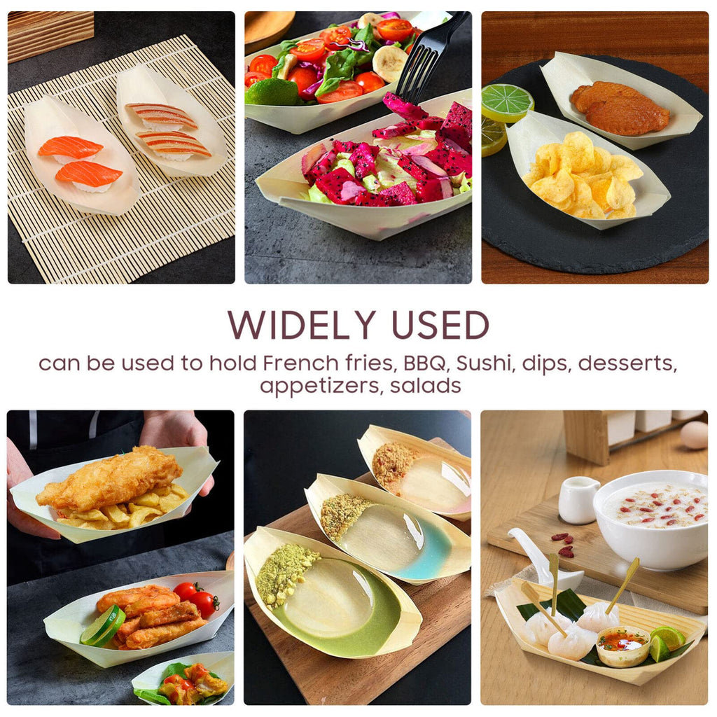 Cabilock 100pcs Disposable Wood Boat Plates, 5inch Sushi Boat Serving Tray Plate Japanese Style Snack Tray for Home Restaurant