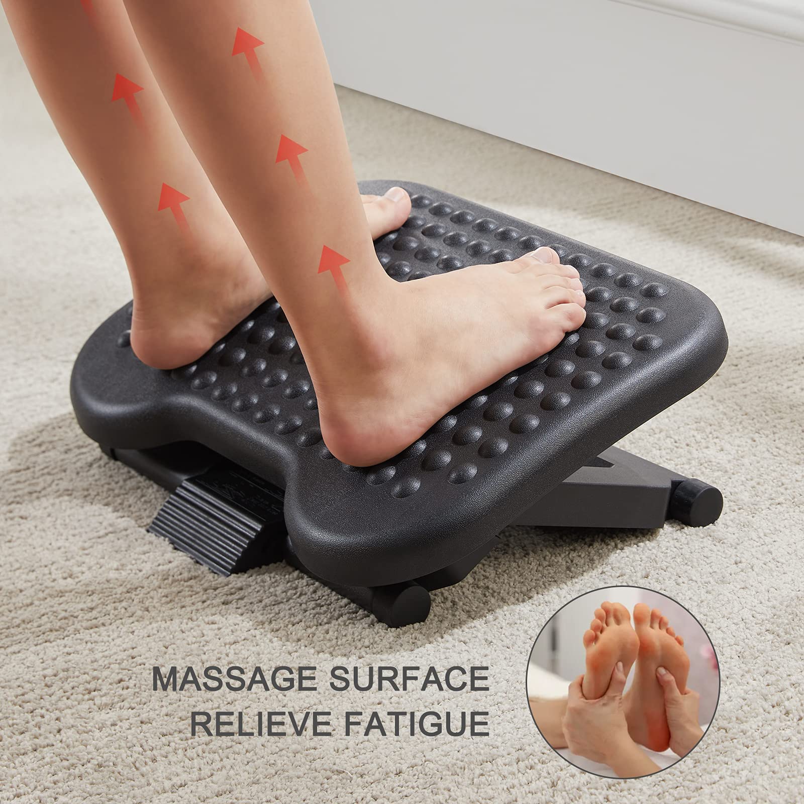 HUANUO Adjustable Footrest Under Desk - Ergonomic Foot Rest with 3 Height Position - 30 Degree Tilt Angle Adjustment for Home, Office, Non-Skid Massage Surface Texture Improves Comfort