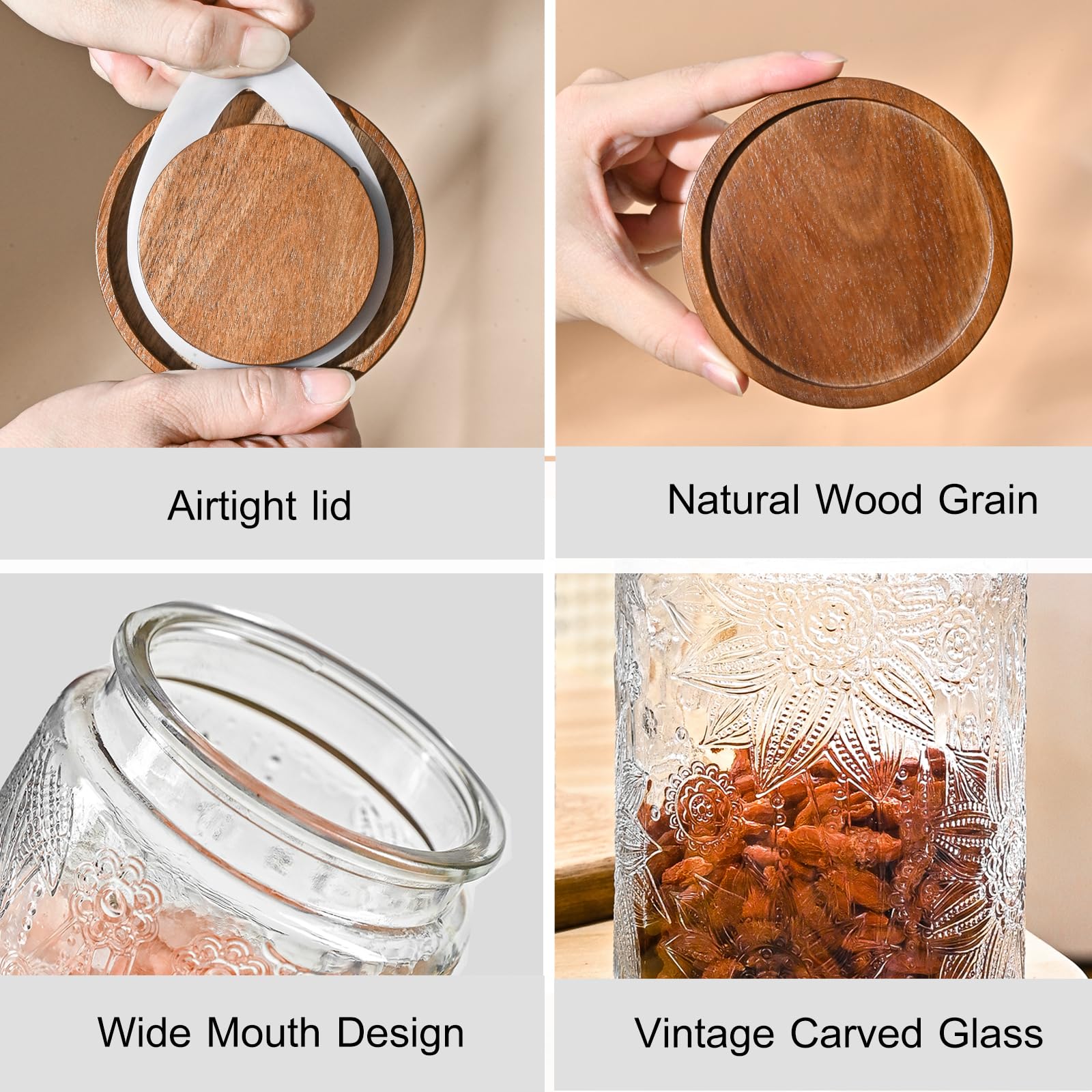 Adodeen 24oz Vintage Glass Jar With Lid, Glass Storage Containers, Airtight Kitchen Storage Containers For Sugar, Coffee, Tea, Spice, Flour, Candy Cookie, Pasta, Cereal, Cute Decorative Jars
