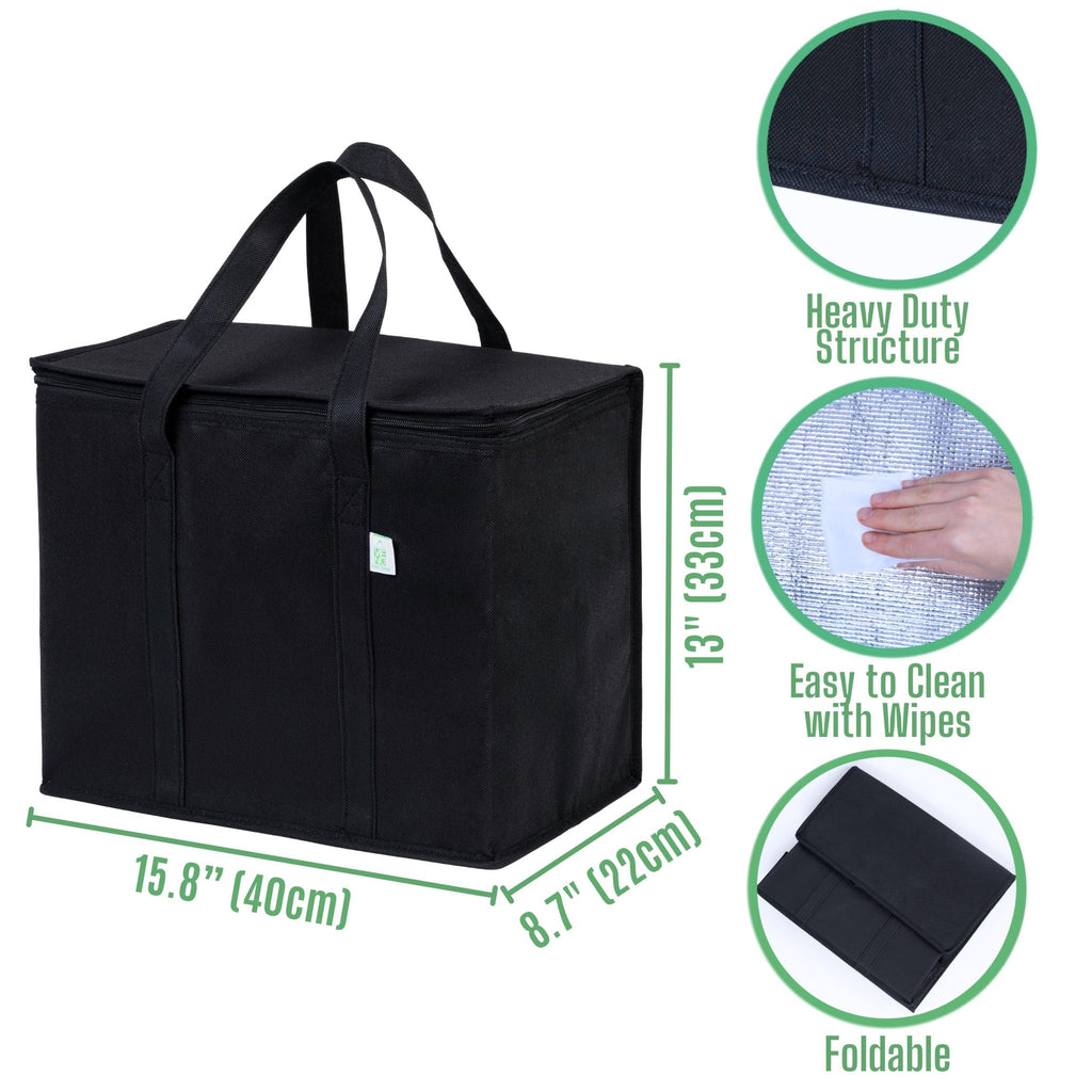 VENO 2 Pack Insulated Reusable Grocery Bag, Food Delivery Bag, Durable, Heavy Duty, Large Size, Stands Upright, Collapsible, Sturdy Zipper, Reusable and Sustainable (Black, 2 Pack)