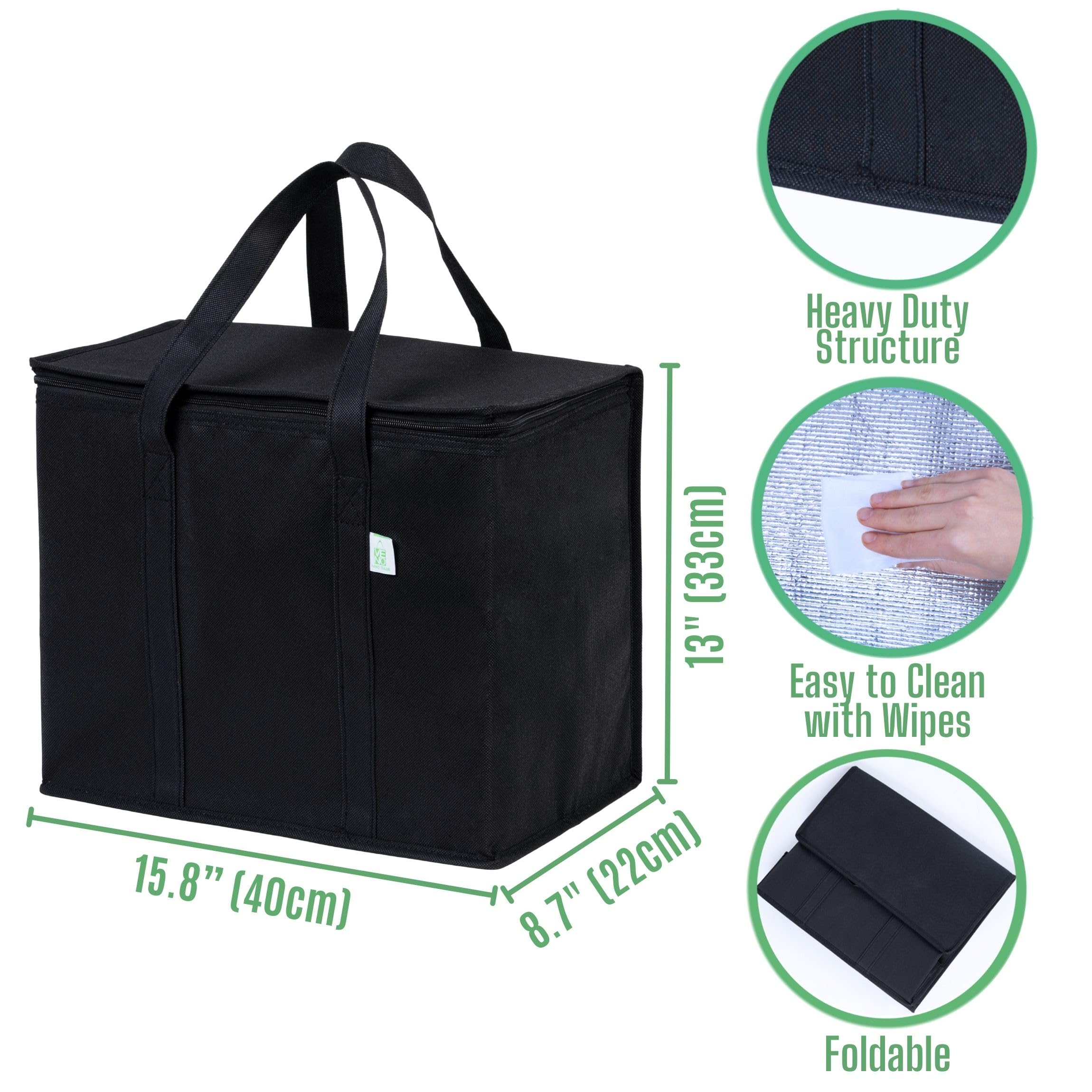 VENO 2 Pack Insulated Reusable Grocery Bag, Food Delivery Bag, Durable, Heavy Duty, Large Size, Stands Upright, Collapsible, Sturdy Zipper, Reusable and Sustainable (Black, 2 Pack)