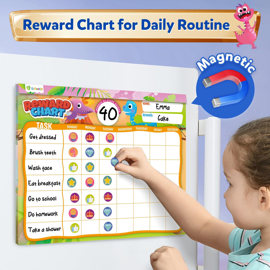 D-FantiX Behavior Reward Chart System - Pad with 27 Chore Chart for Multiple Kids, Reward Sticker Charts to Motivate Responsibility and Good Behavior, 2280 Reward Stickers & 48 Incentive Stickers