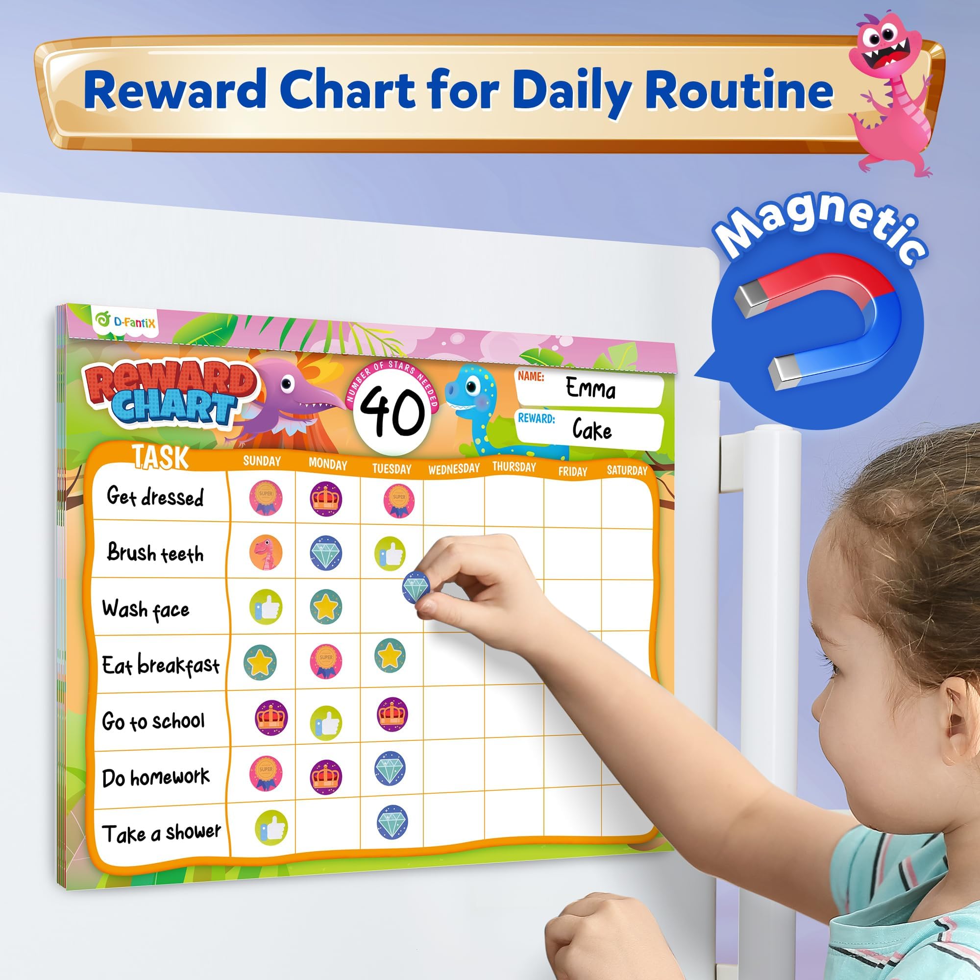 D-FantiX Behavior Reward Chart System - Pad with 27 Chore Chart for Multiple Kids, Reward Sticker Charts to Motivate Responsibility and Good Behavior, 2280 Reward Stickers & 48 Incentive Stickers