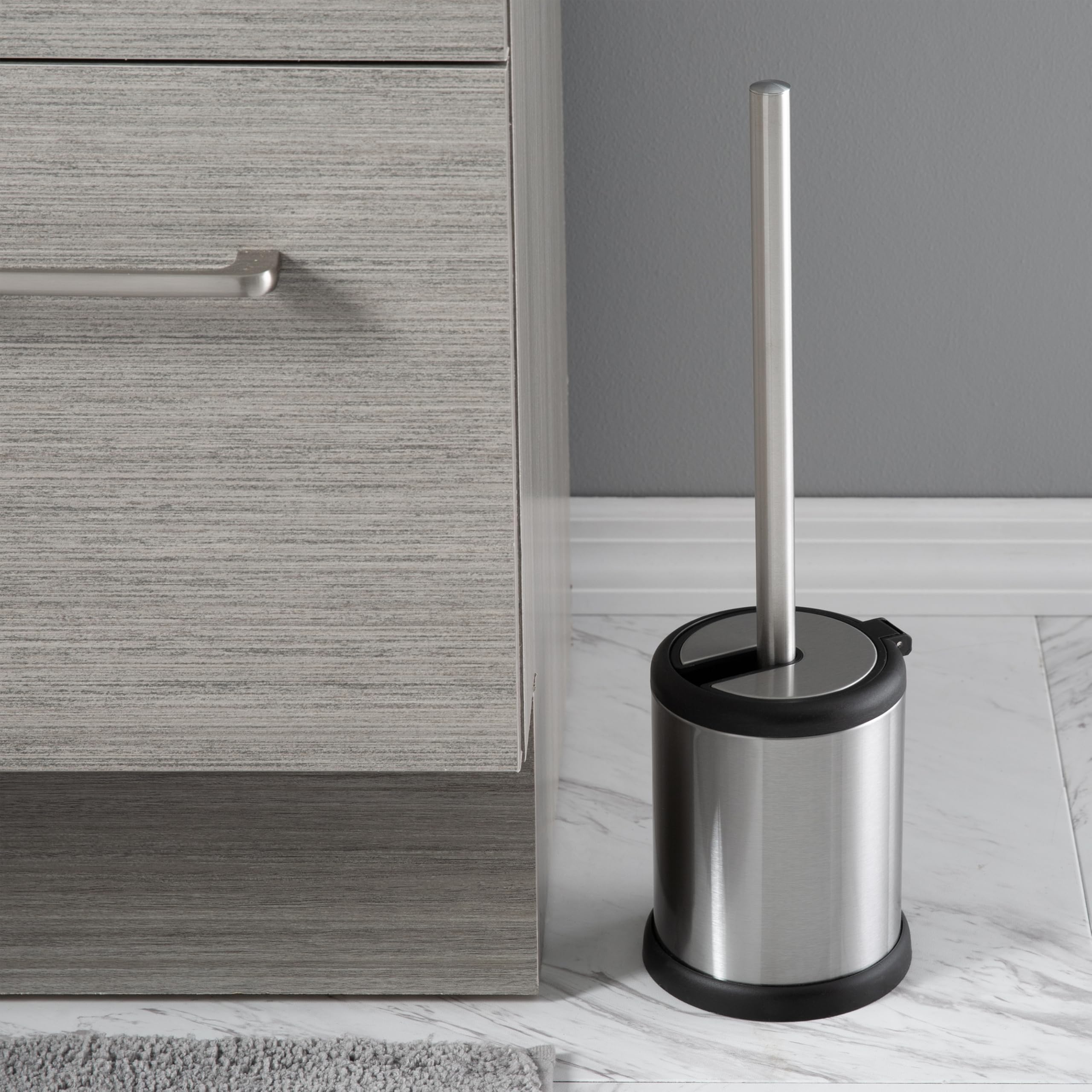 Bath Bliss Toilet Brush and Holder | Self Closing Lid | 360 Degree Brush Head | Bathroom Cleaning | Compact Size | Storage and Organization | Stainless Steel