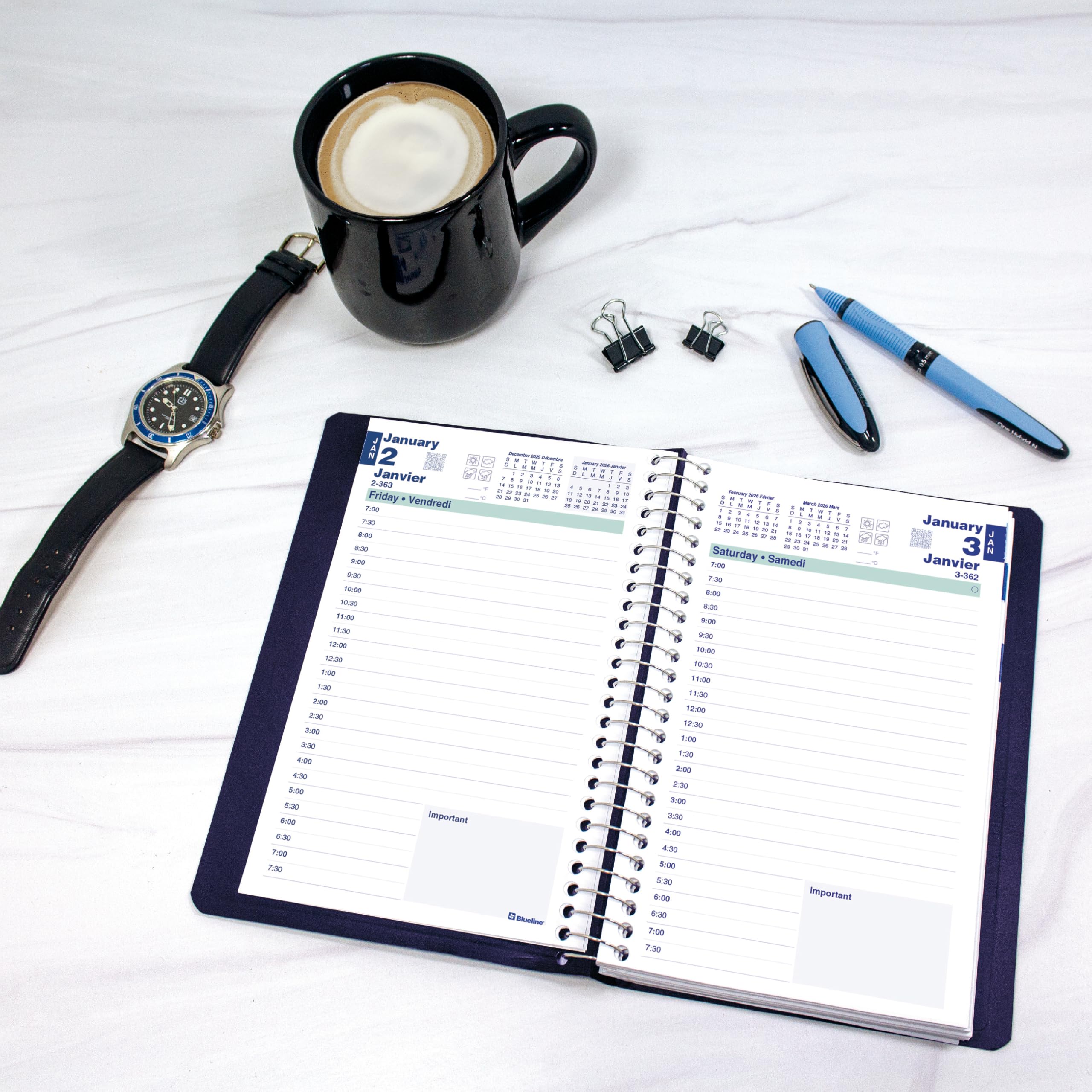 Blueline® 2026 Essential Daily Planner, Appointment Book, 12 Months, January to December, Spiral Binding, 8" x 5", Blue, Bilingual (C1504.82BT-26)
