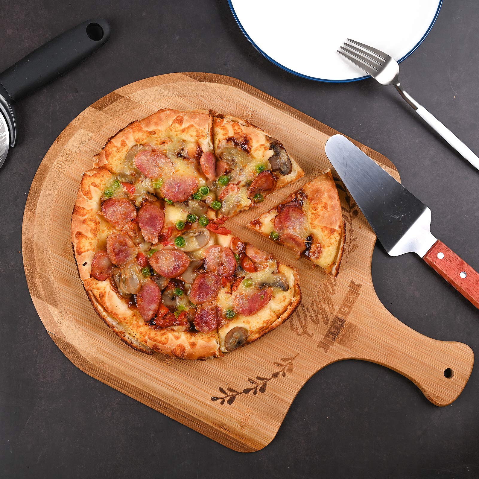 Menesia 12 Inch Premium Bamboo Pizza Peel with Handle,Wooden Pizza Paddle,Cutting Board for Fruit,Vegetables,Cheese,Bread(Circle)