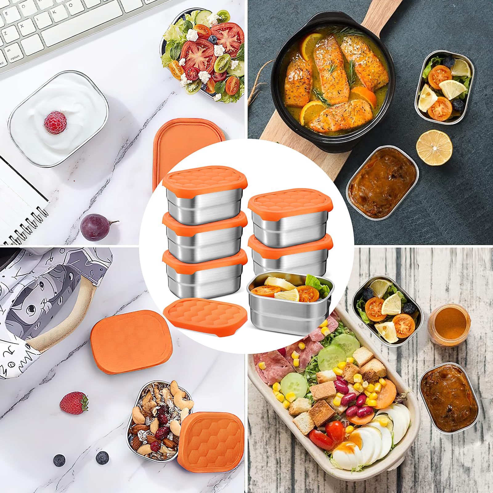 6 Pack Food Container Set, 8 Oz Small Stainless Steel Lunch Container with Orange Silicone Lid, Leak Proof Food Storage Containers Metal Lunch Box for Adults, Snack, Sandwich