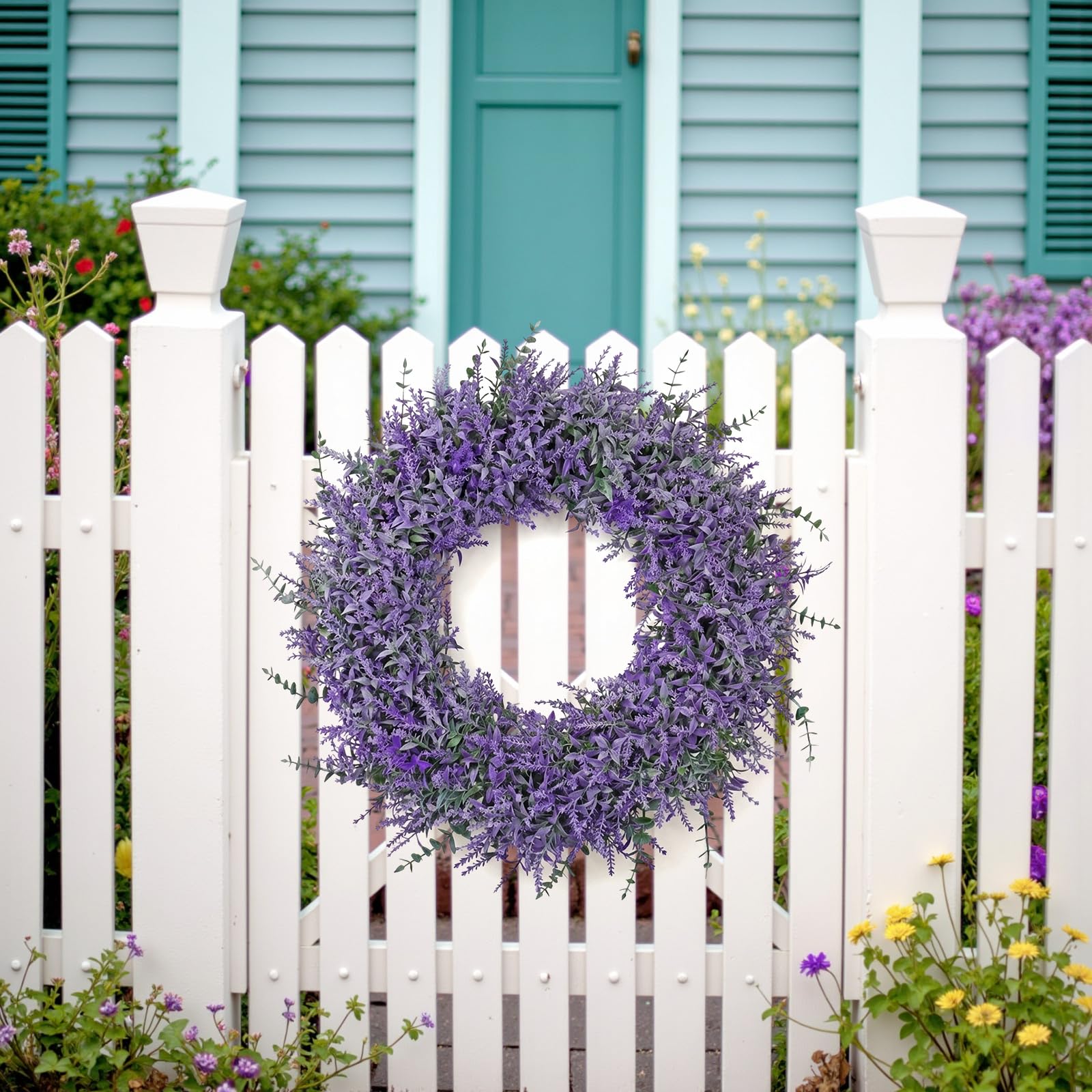 TOCHGREEN Lavender Wreath for Front Door 23Inch Artificial Spring Summer Purple Lavender Wreaths All Seasons Eucalyptus Wreaths for Indoor Outdoor Outside Wall Room Home Farmhouse Window Decor