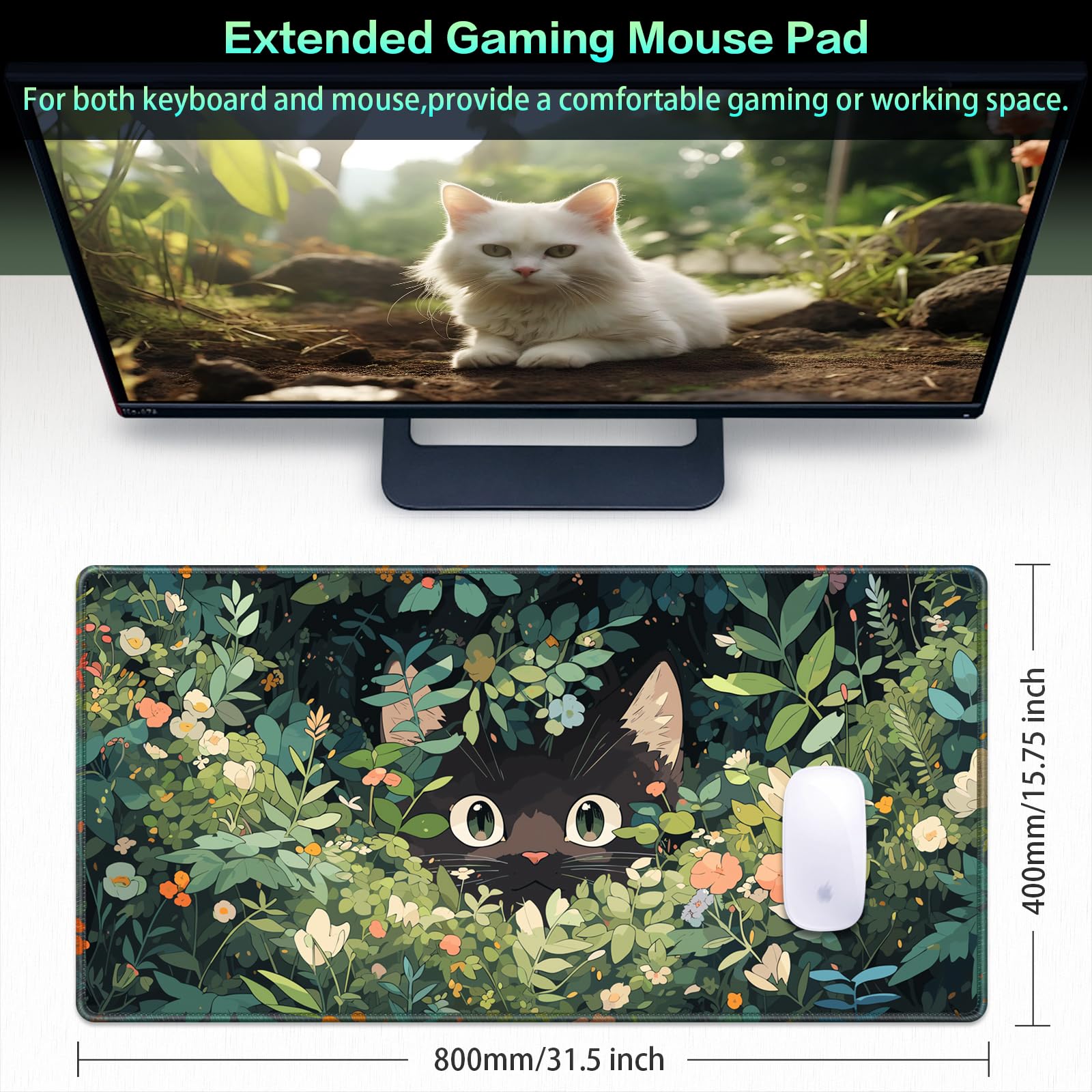 Anime Mouse pad, Canjoy 31.5x15.7inch Black Cats Kawaii Cute Mouse MatLarge Big Computer Keyboard Desk Pad with Non-Slip Rubber Base