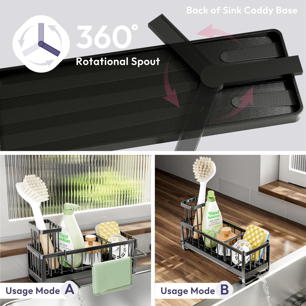 SWTYMIKI Sponge Holder for Kitchen Sink - Kitchen Sink Caddy Organzier with Auto Draining Tray & Brush Holder, Stainless Steel Dish Sponge Holder with Divider for Countertop, Black