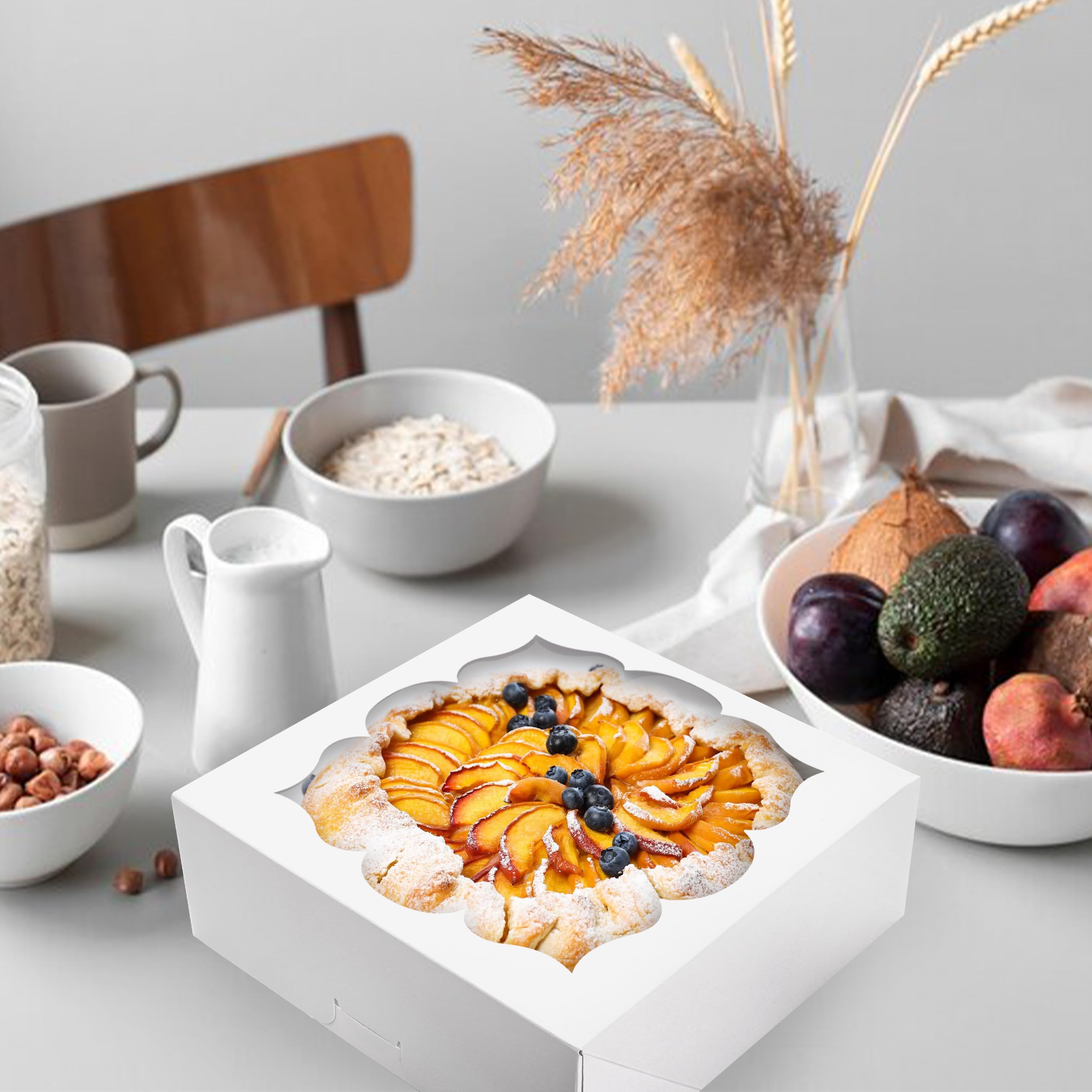 LOKQING 20 Pack Pie Boxes 9x9x3Inch Cake Boxes Bakery Boxes with Window for Pie, Cookies, Donuts, Chocolate Covered Strawberries (White)
