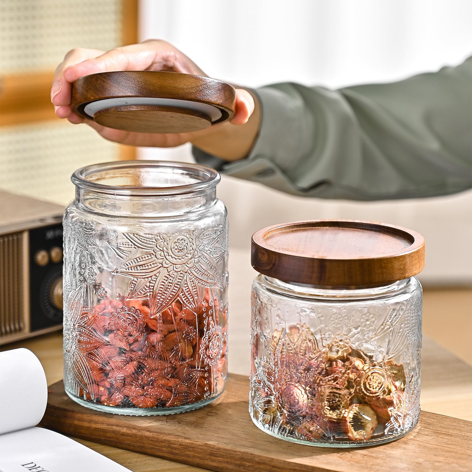 Adodeen 24oz Vintage Glass Jar With Lid, Glass Storage Containers, Airtight Kitchen Storage Containers For Sugar, Coffee, Tea, Spice, Flour, Candy Cookie, Pasta, Cereal, Cute Decorative Jars
