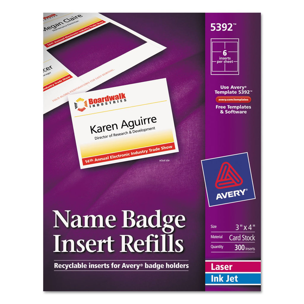 Avery 5392 Insert Badge Refill, Fits 3-Inch x4-Inch, 6/Sht, 300/BX, WE