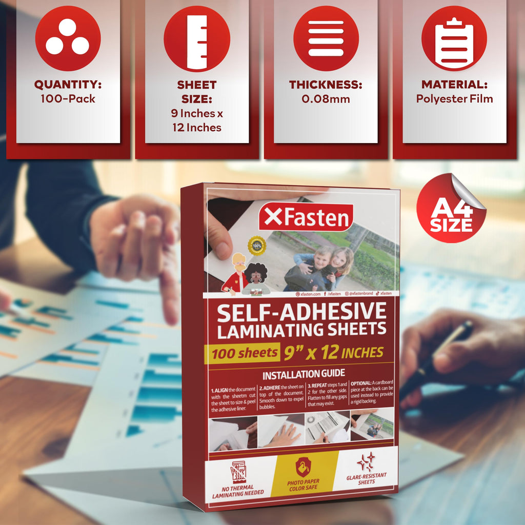 XFasten Self-Adhesive Laminating Sheets, 9 x 12 Inches (100-Pack) Yellowing Resistant Seal Sealing Laminating Sheets Bulk, No Heat Self Laminating Sheets, Clear Sheets