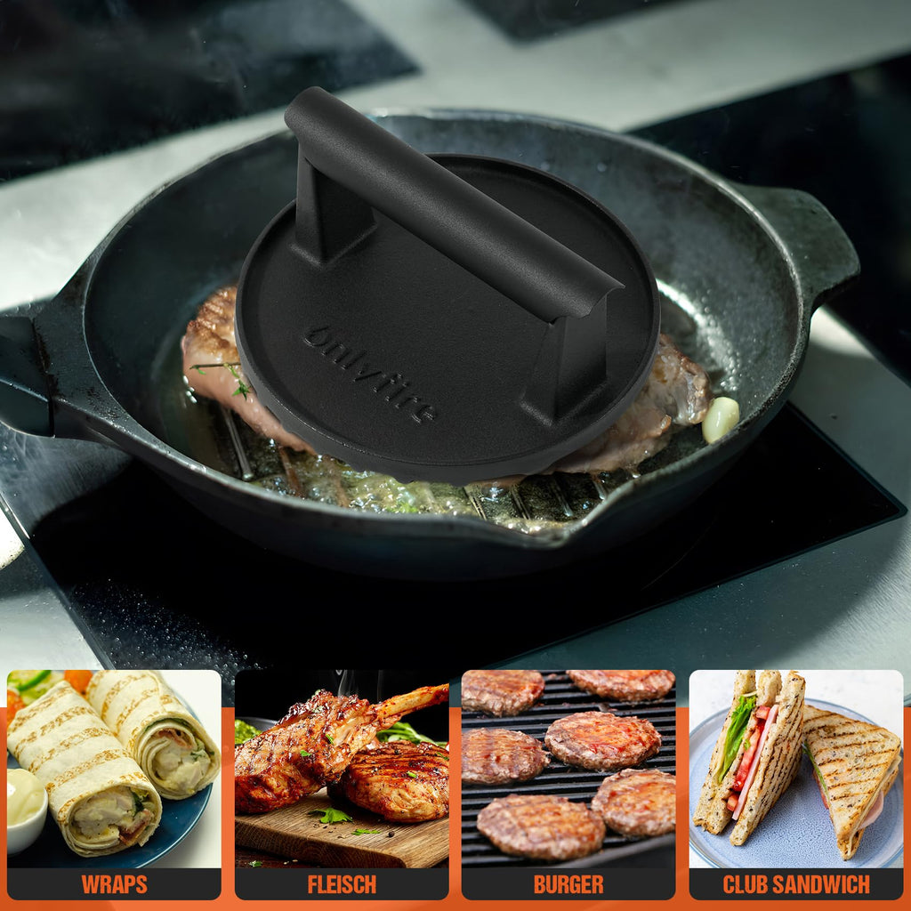 onlyfire Cast Iron Burger Press, Φ15cm Round Smash Burger Press with Heat Resistant Handle for Griddle and BBQ, Heavy-Duty Grill Press for Burger, Steak, Sandwich, Bacon