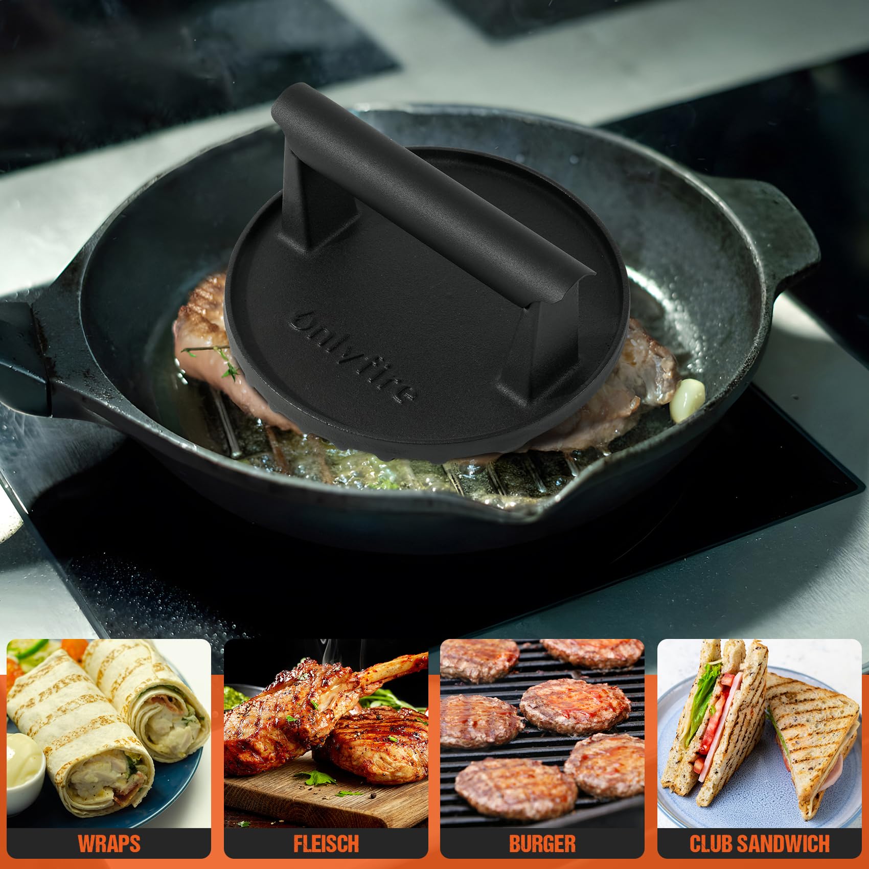 onlyfire Cast Iron Burger Press, Φ15cm Round Smash Burger Press with Heat Resistant Handle for Griddle and BBQ, Heavy-Duty Grill Press for Burger, Steak, Sandwich, Bacon