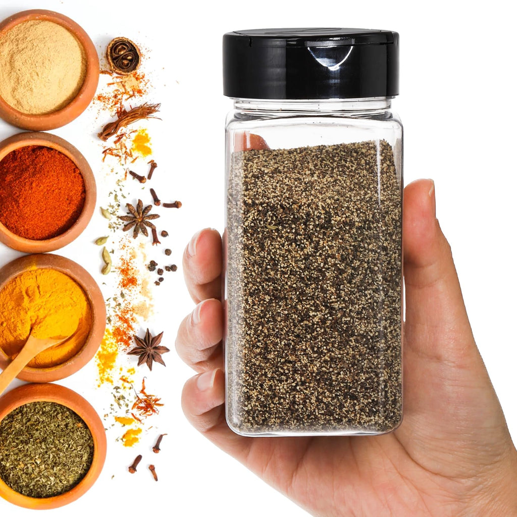Bekith 16 Pack Plastic Spice Jars Bottles for Storing Spice, Herbs and Powders - 9 Oz BPA Free Plastic Spice Containers with Black Flip Top Cap to Pour or Shaker/Sifter