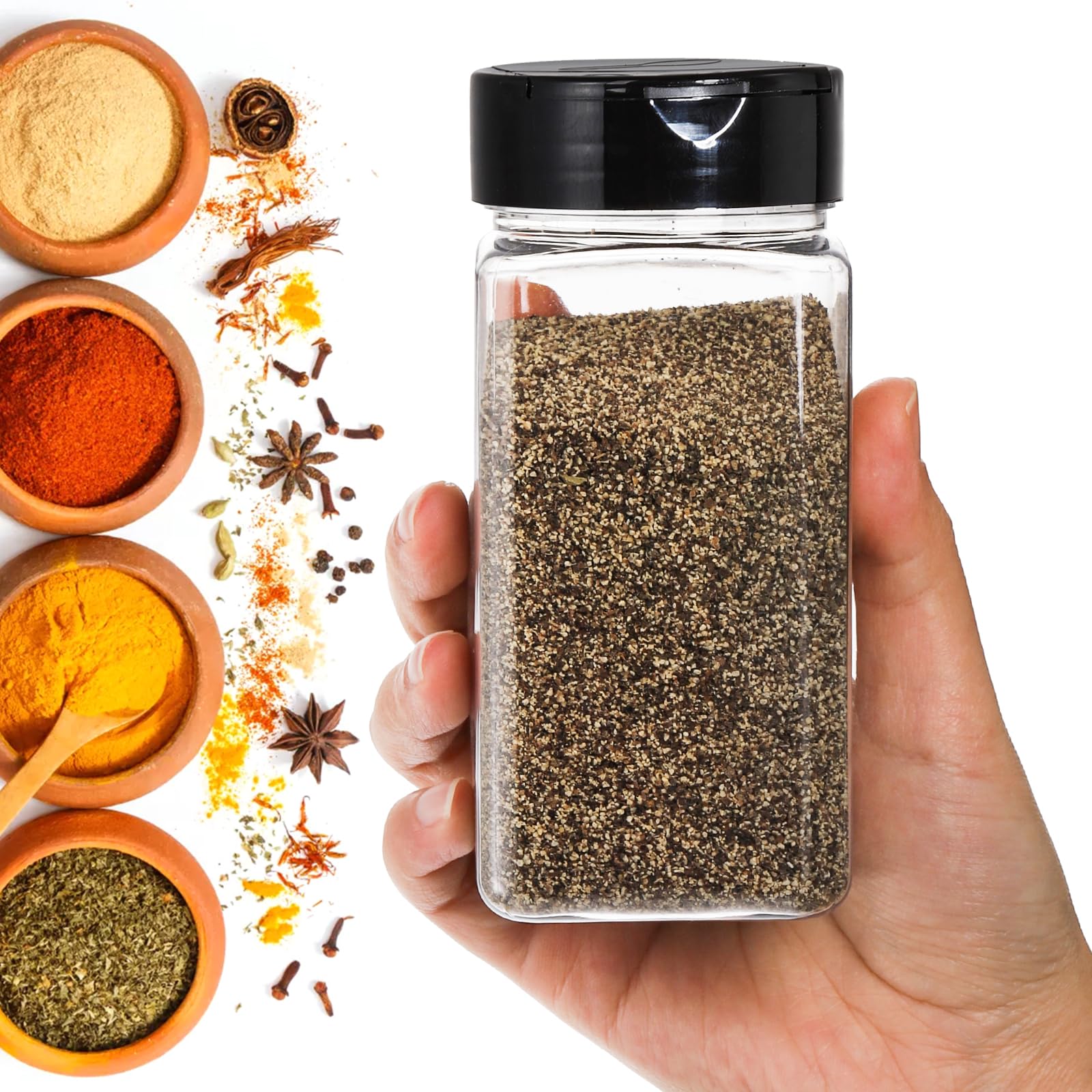 Bekith 16 Pack Plastic Spice Jars Bottles for Storing Spice, Herbs and Powders - 9 Oz BPA Free Plastic Spice Containers with Black Flip Top Cap to Pour or Shaker/Sifter
