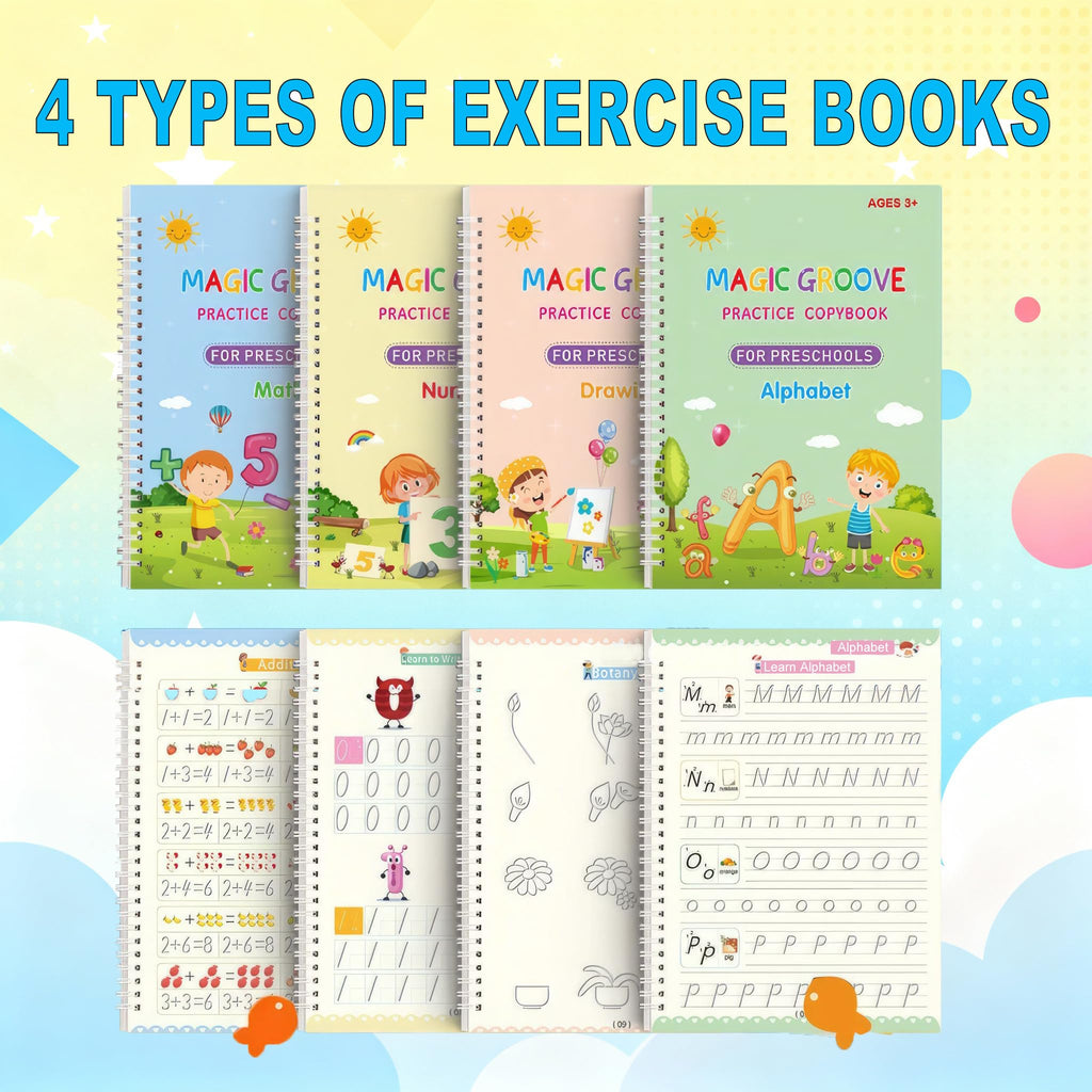 Magic Grooved Writing Practice Books for Reusable Handwriting Workbook with Disappearing Ink Pen & Stickers Practicing Letters, Numbers, Drawing and Math 4 Book Set with Refills
