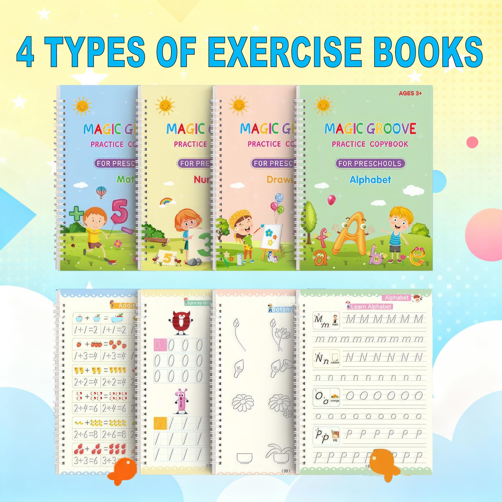 Magic Grooved Writing Practice Books for Reusable Handwriting Workbook with Disappearing Ink Pen & Stickers Practicing Letters, Numbers, Drawing and Math 4 Book Set with Refills