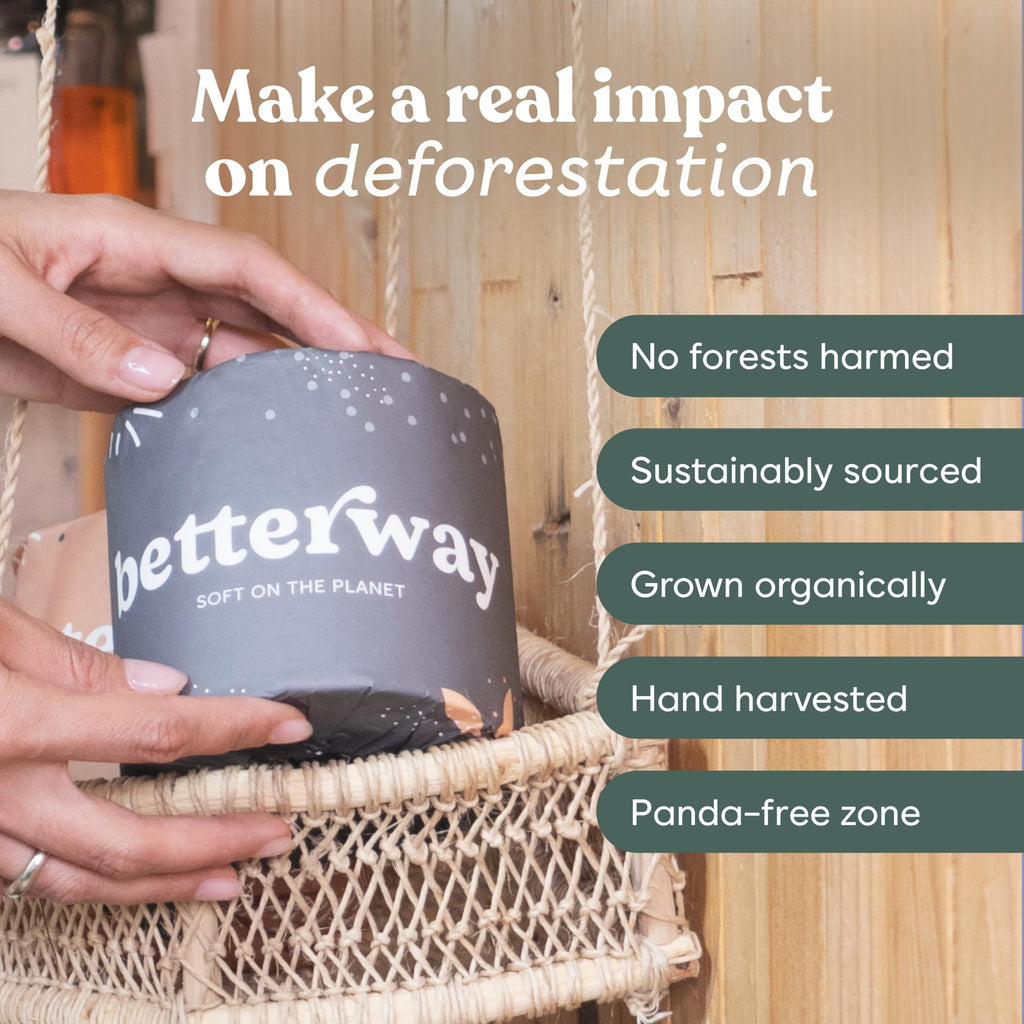 Betterway Bamboo Toilet Paper 3 PLY - Eco Friendly, Sustainable Toilet Tissue - 12 Double Rolls & 360 Sheets Per Roll - Septic Safe - Organic, Plastic Free, Compostable & Biodegradable - FSC Certified