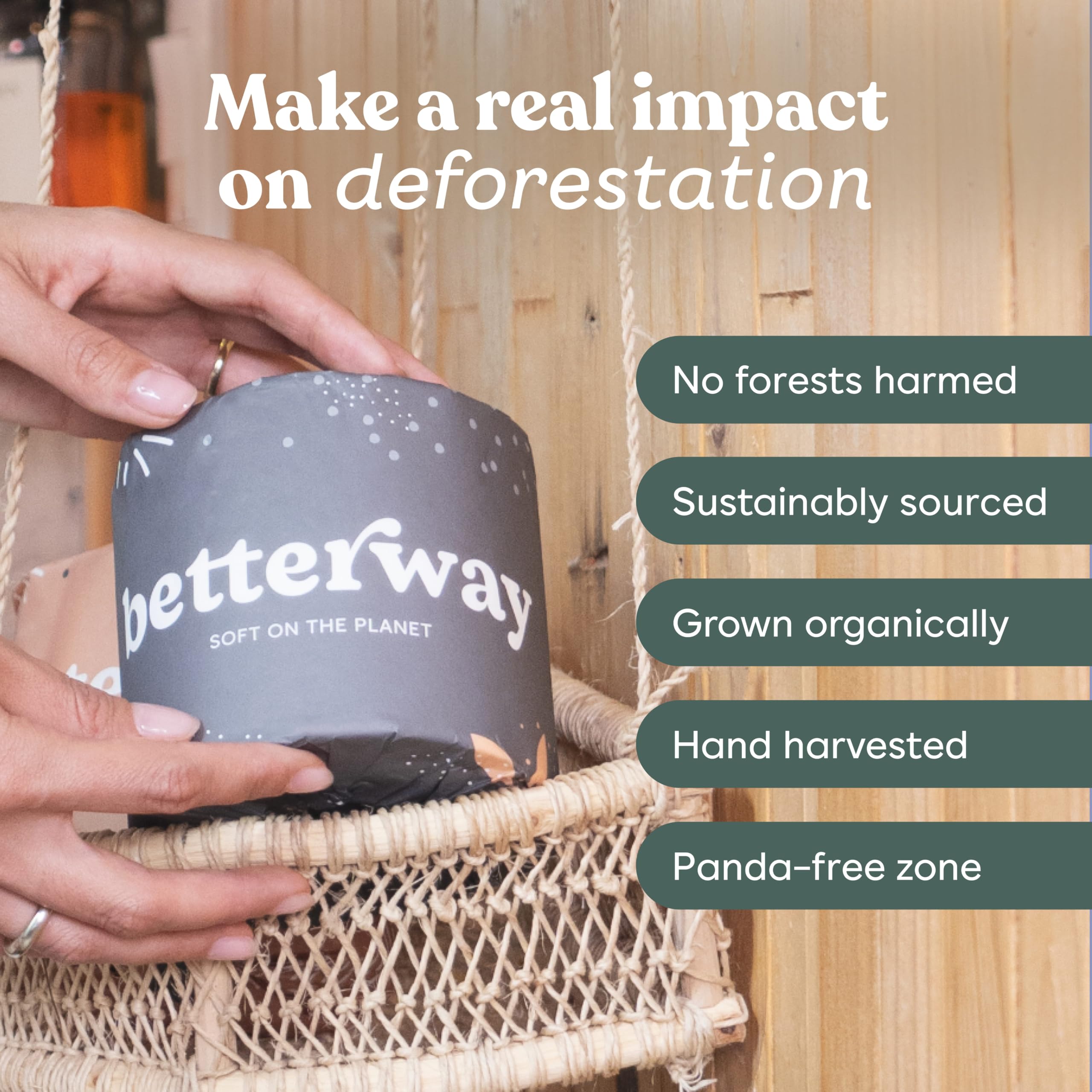 Betterway Bamboo Toilet Paper 3 PLY - Eco Friendly, Sustainable Toilet Tissue - 12 Double Rolls & 360 Sheets Per Roll - Septic Safe - Organic, Plastic Free, Compostable & Biodegradable - FSC Certified