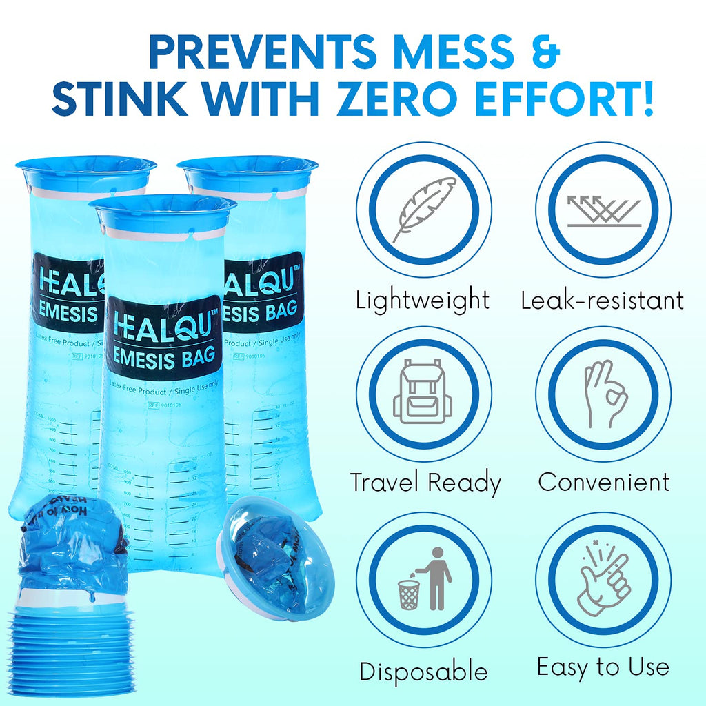 Healqu Hospital Vomit Bags - 24 Pack 1000ml Car Throw Up Bag - for Airsick Travel & Motion Sickness - Leak Resistant Medical Grade Puke Bag - Disposable Barf Bags Throw Up, Nausea