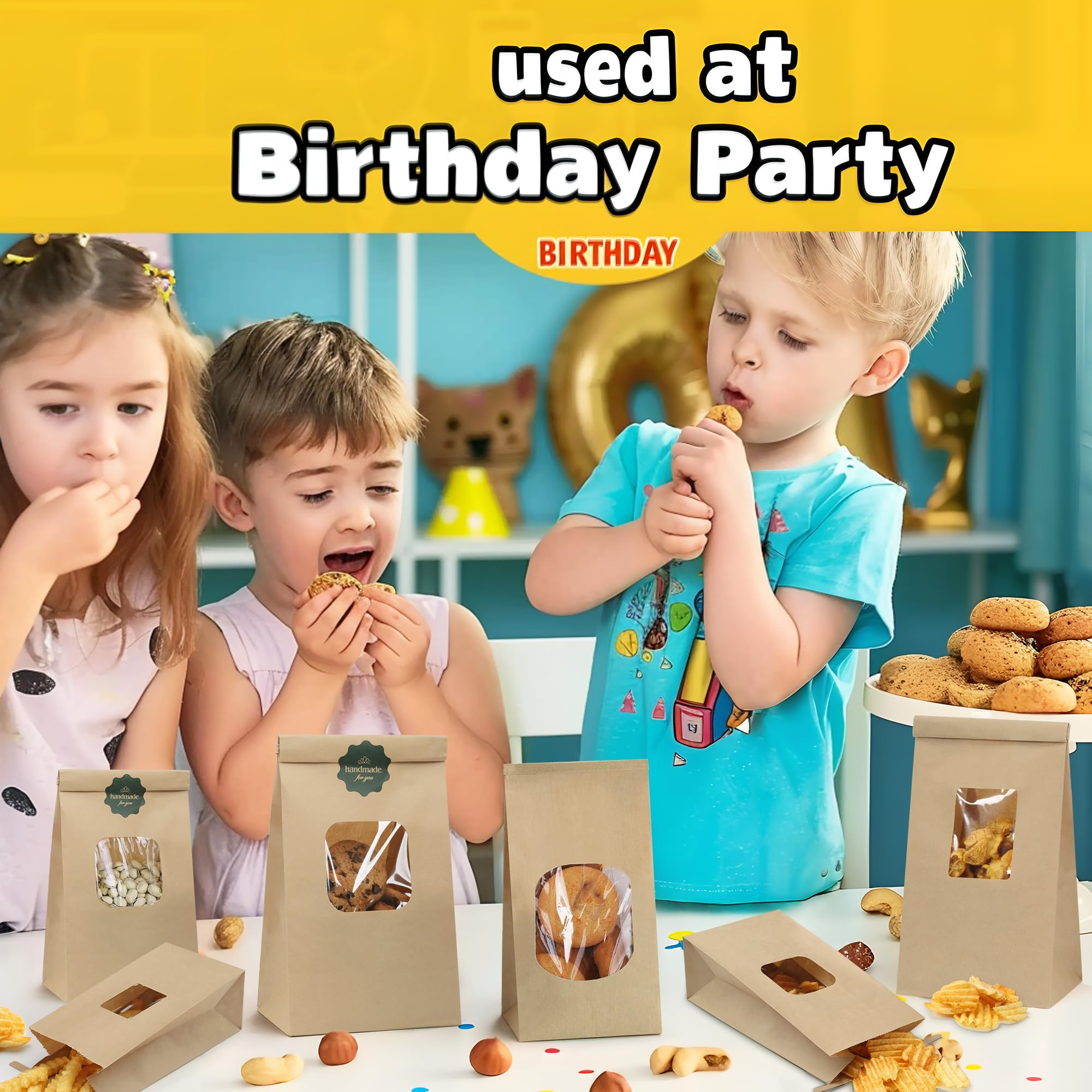 BagDream Cookie Bags 50 Pcs 4.5x2.36x9.6 Inch Brown Kraft Paper Bags with Window, Tin Tie Tab Lock, Recyclable Treat Bags for Coffee Bean, Bread, Muffin, Popcorn, Party, Wedding
