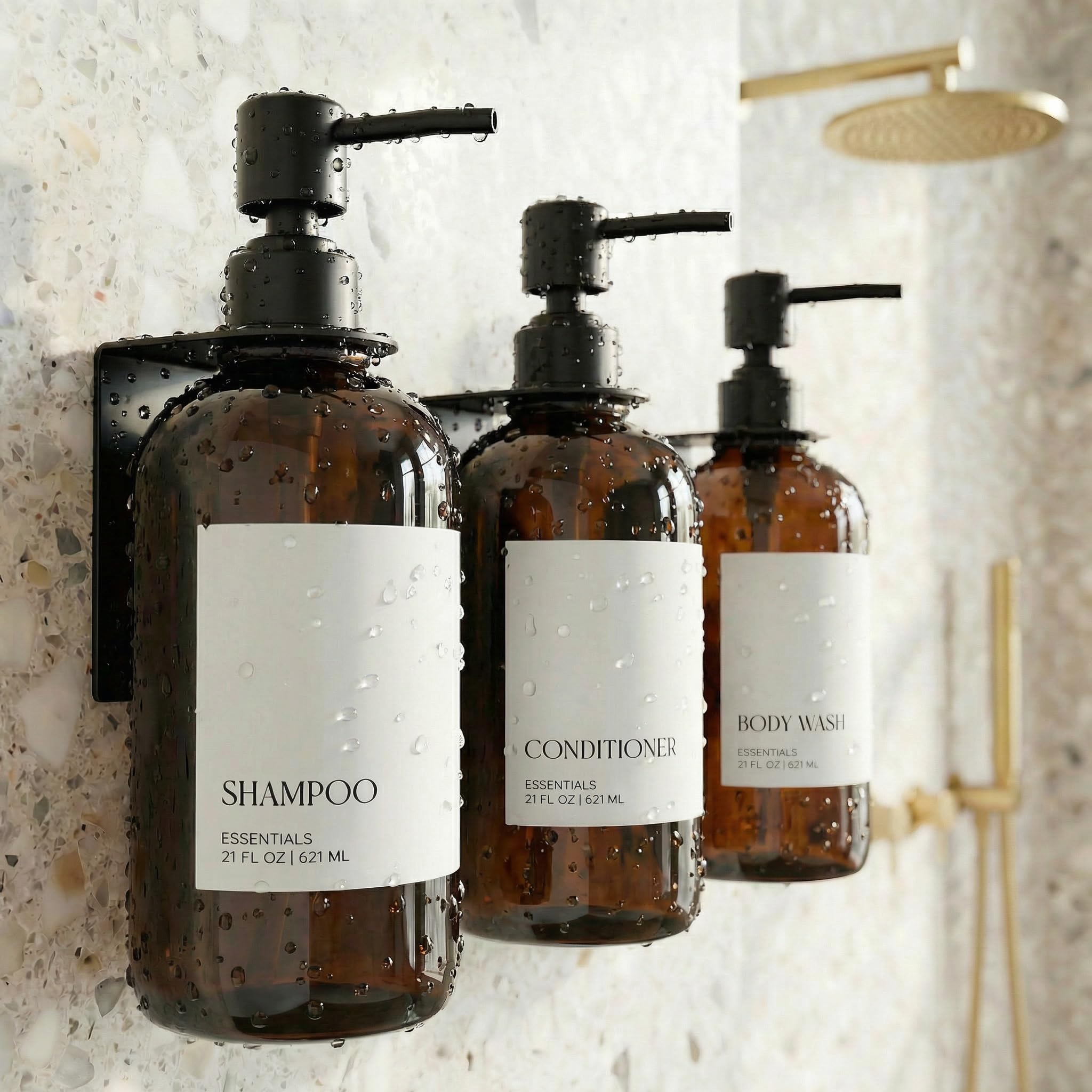 Stylish Shampoo and Conditioner Dispenser Set of 3 - Modern 21oz Shower Soap PET Bottles for Drill Free Wall Mount - Easy to Refill Body Wash Dispensers for an Instant Bathroom Decor Upgrade