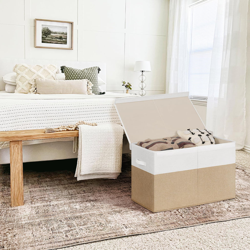 INDRESSME 25"x13"x16" Large Storage Box, Collapsible Bins with Lids, Chest for Living Room, Storage Baskets for Blankets, Books, Clothes (Beige & White)