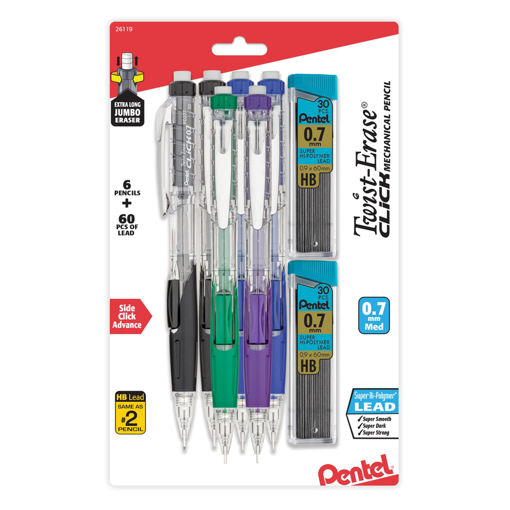 Pentel Twist-Erase Click Mechanical Pencil, 0.7mm, #2 Medium Lead, 6/Pack (PD277TLBPS6M)