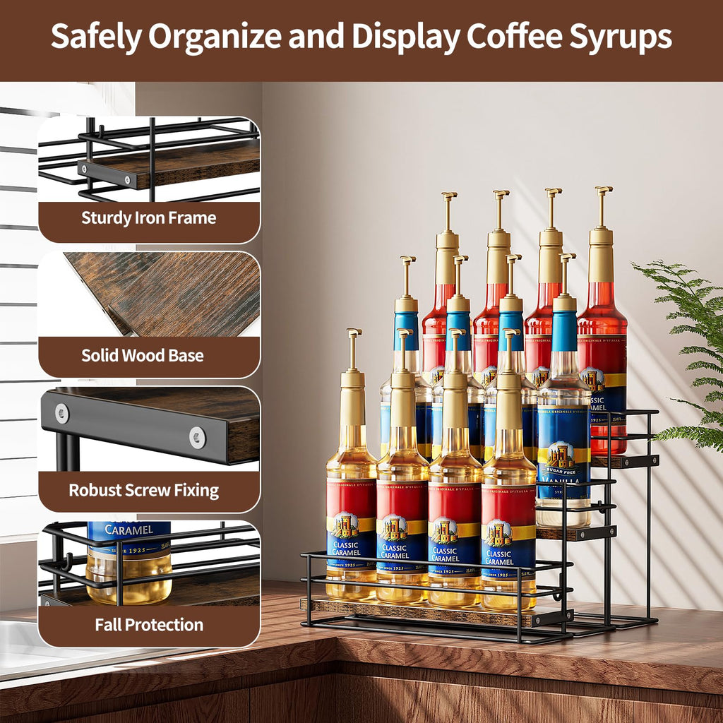 Nuovoware Coffee Syrup Organizer, 3-Tier 12 Bottles Separable Metal Rack with Wooden Base Whiskey Wine Dressing for Countertop Kitchen Bar, Black