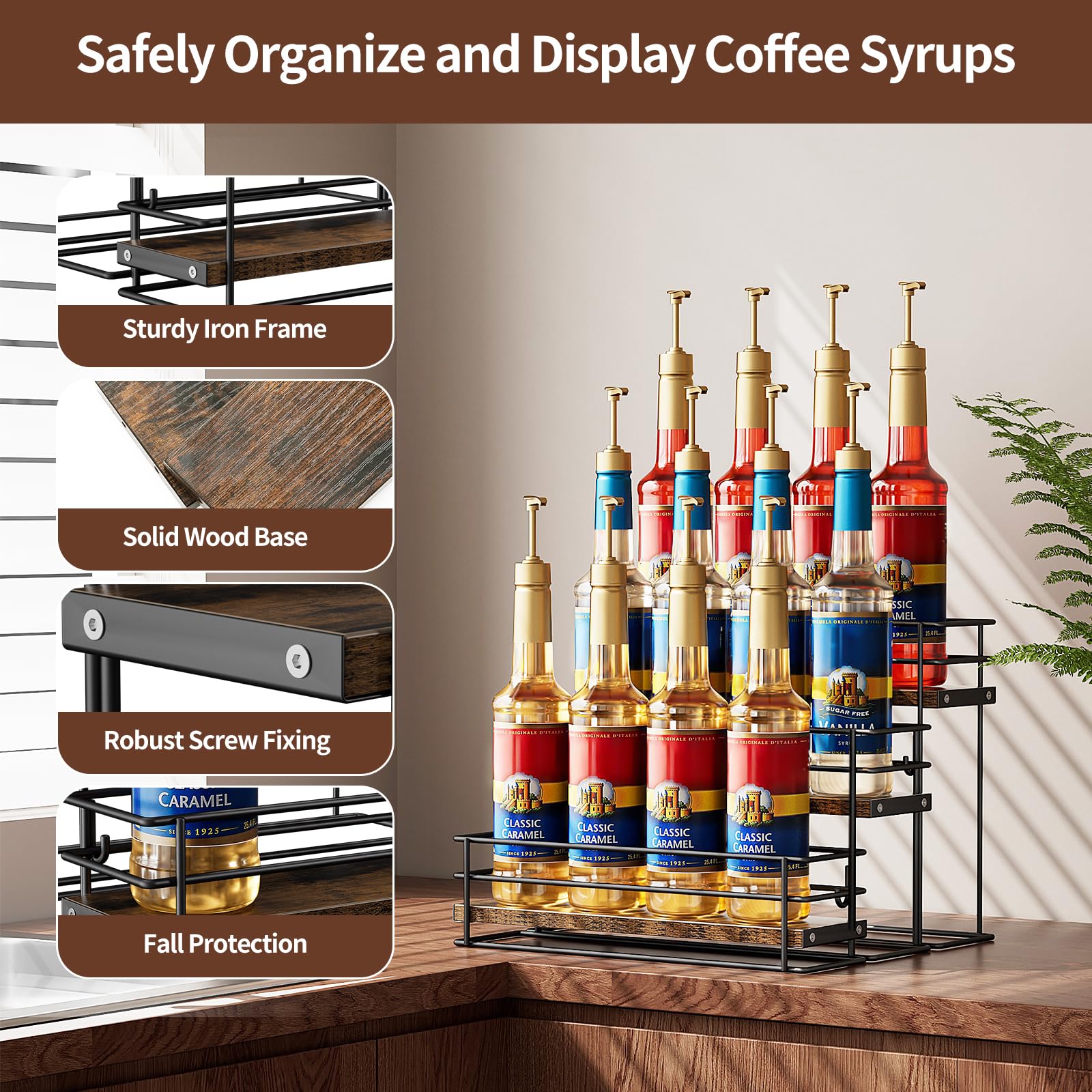 Nuovoware Coffee Syrup Organizer, 3-Tier 12 Bottles Separable Metal Rack with Wooden Base Whiskey Wine Dressing for Countertop Kitchen Bar, Black