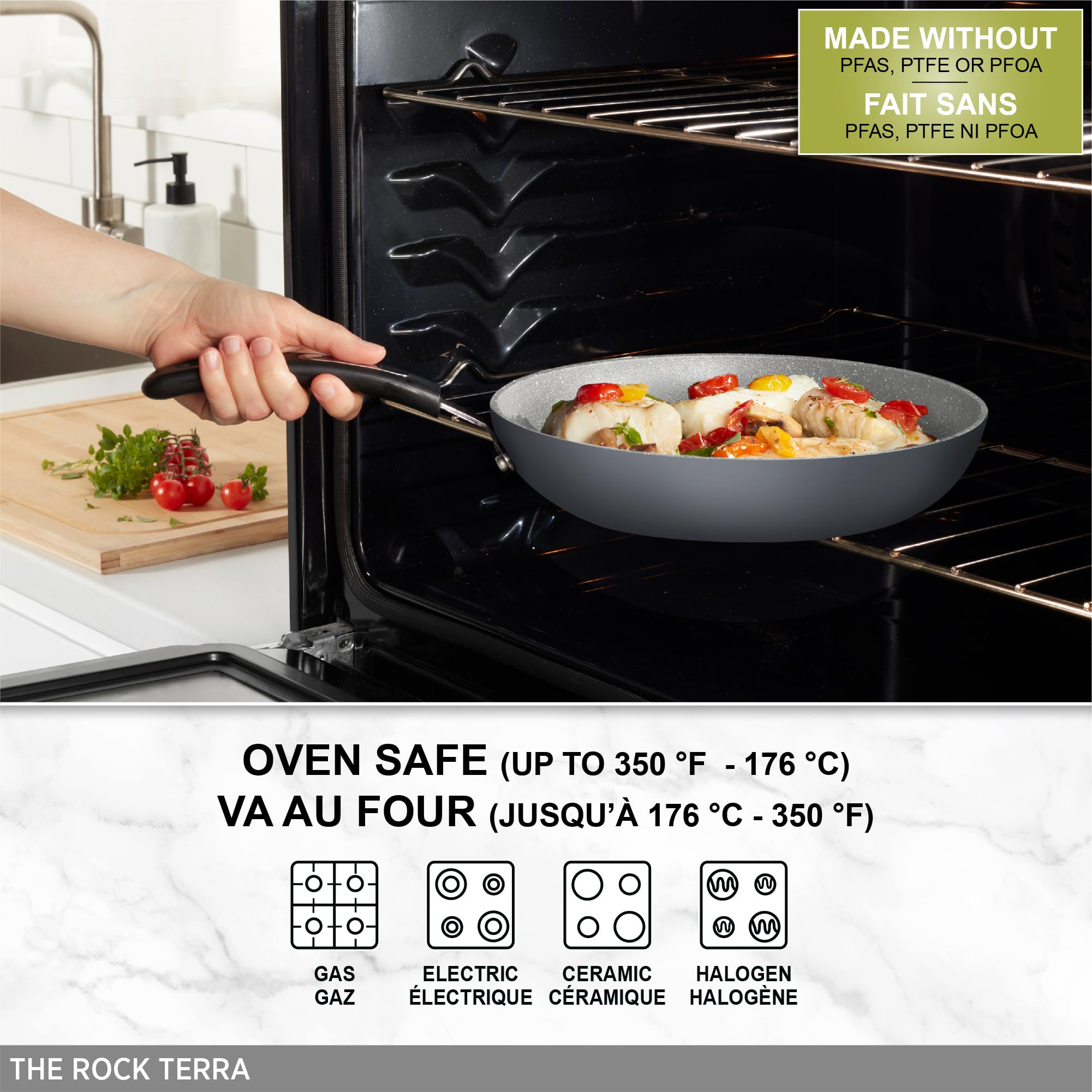 Starfrit The Rock Terra 30cm (12'') Ceramic Non-Stick Deep Fry Pan with Lid - Thick Aluminium Base - PFAS Free - Easy to Clean - Grey