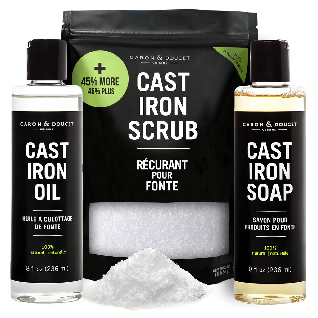 CARON & DOUCET – New Ultimate Cast Iron Set: Seasoning Oil, Cleaning Soap & Restoring Scrub | 100% Plant-Based & Best for Cleaning Care, Washing, Restoring & Seasoning Skillets, Pans & Grills!