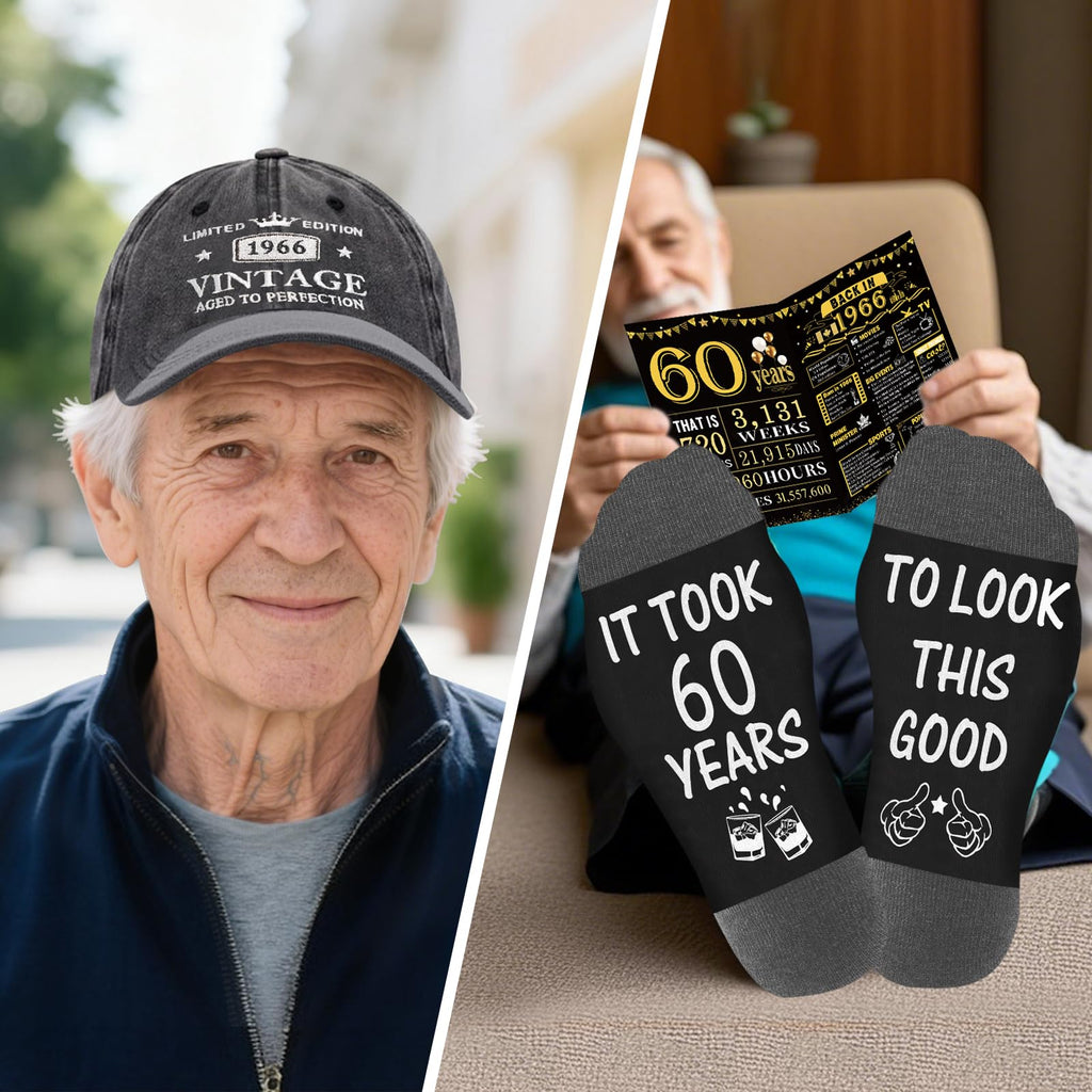 60th Birthday Gifts for Men, Cool 60th Birthday Decorations for Men, 60 Year Old Gifts for Man Who Have Everything, 1966 60th Birthday Gift Baskets for Man Whiskey Glass Baseball Cap Socks Stones