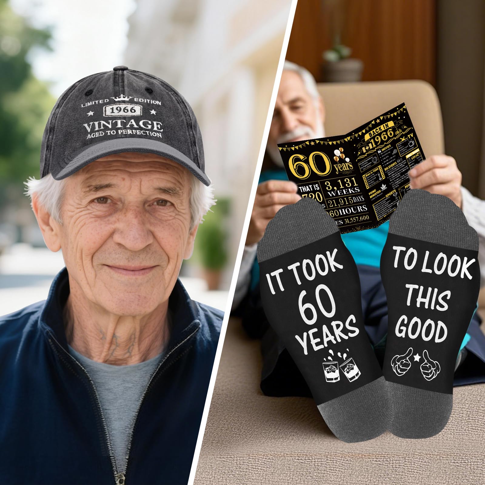 60th Birthday Gifts for Men, Cool 60th Birthday Decorations for Men, 60 Year Old Gifts for Man Who Have Everything, 1966 60th Birthday Gift Baskets for Man Whiskey Glass Baseball Cap Socks Stones