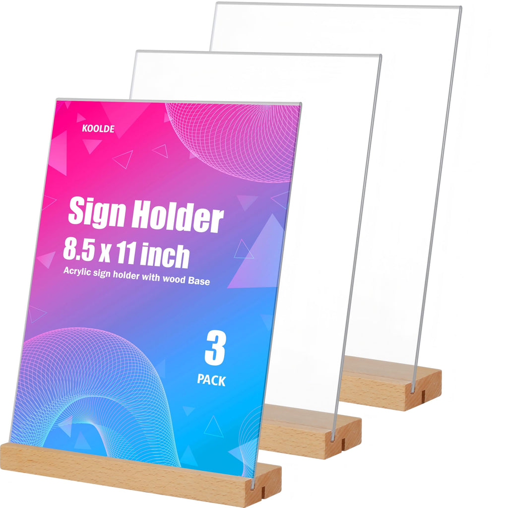 3 Pack Acrylic Sign Holder 8.5x11 with Wood Base L/T Shape 2 in 1 Acrylic Frame Wood Sign Holder Display Stand for Restaurant, Wedding, Office