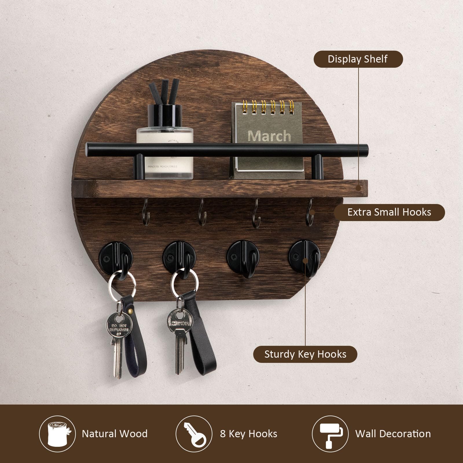 Nekon Key Holder for Wall - 9.8 Inch Apartment Wall Decor with Shelf and 8 Key Hooks, Circular Wood Key Hanger for Home Decor (Brown)