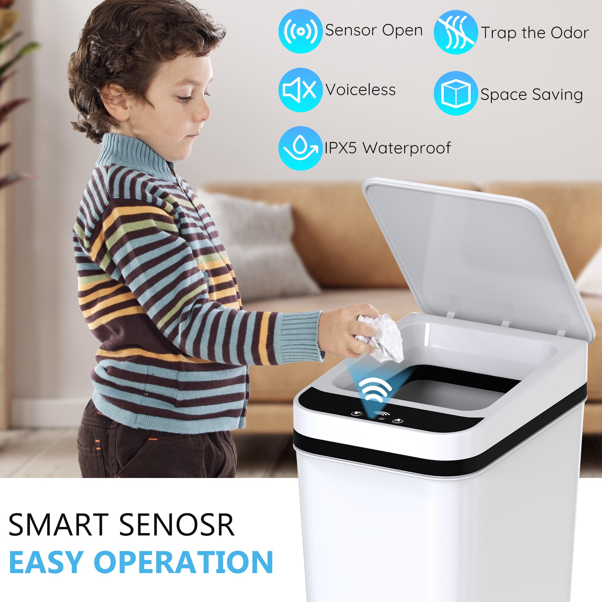 Bathroom Trash Can with Lid Touchless Automatic Garbage Can, 2.6 Gallon Slim Waterproof Motion Sensor Smart Trash Can, Small Plastic Trash Bin for Bedroom, Living Room