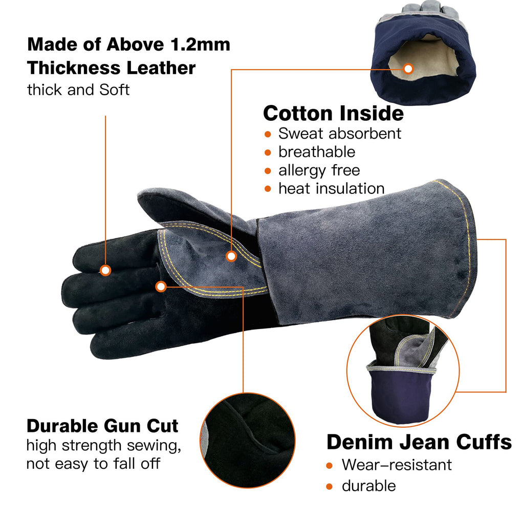 WZQH 16 Inches,932℉,Leather Forge Welding Gloves, Heat/Fire Resistant,Mitts for BBQ,Oven,Grill,Fireplace,Tig,Mig,Baking,Furnace,Stove,Pot Holder,Animal Handling Glove.Black-Gray