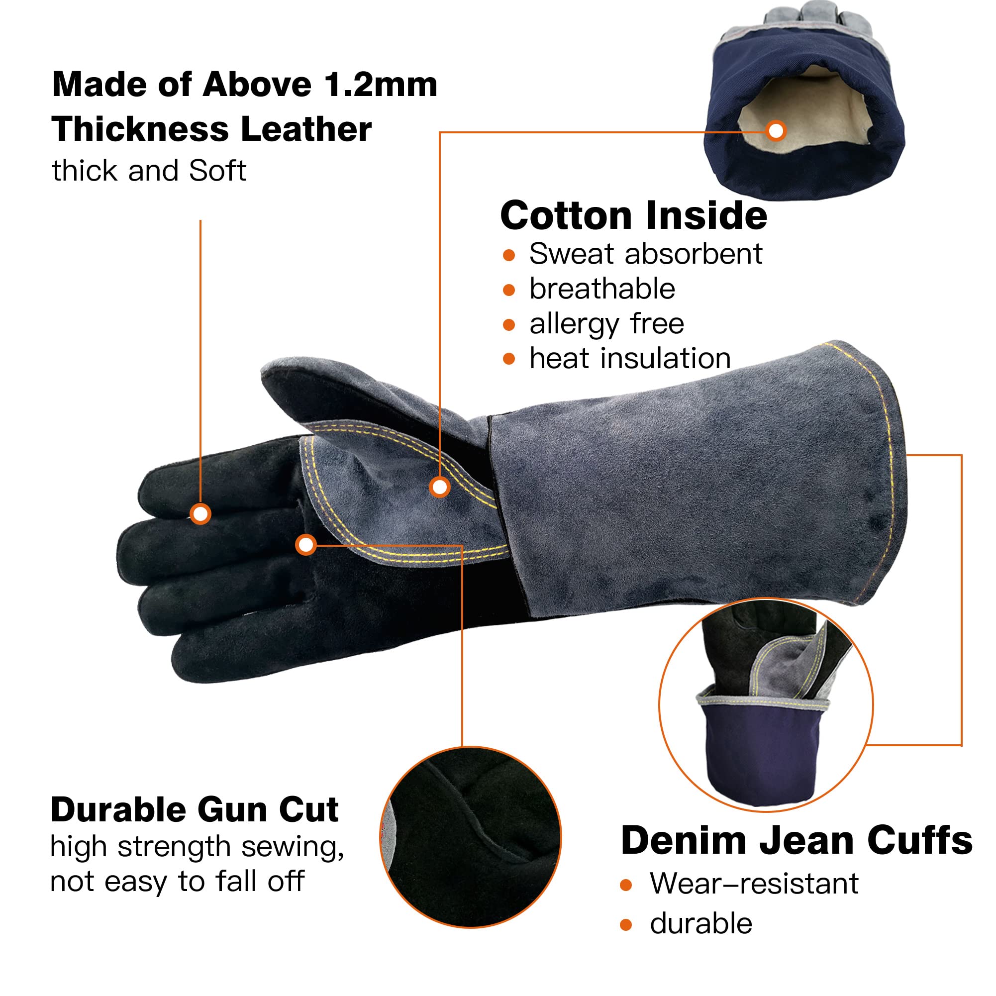 WZQH 16 Inches,932℉,Leather Forge Welding Gloves, Heat/Fire Resistant,Mitts for BBQ,Oven,Grill,Fireplace,Tig,Mig,Baking,Furnace,Stove,Pot Holder,Animal Handling Glove.Black-Gray