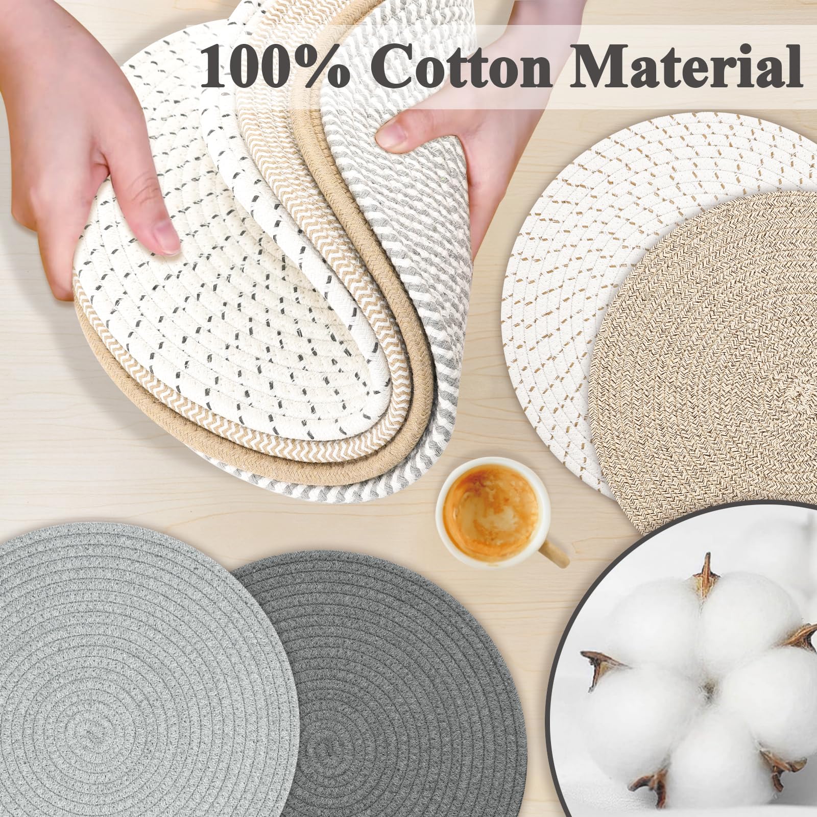 Round Placemats Set of 4, Cotton Rope Thick Place Mats, Heat Resistant Woven Table Mats, Hot Pads for Kitchen, 13 Inches Braided Placemat for Farmhouse and Kitchen Table Decor (Brown)